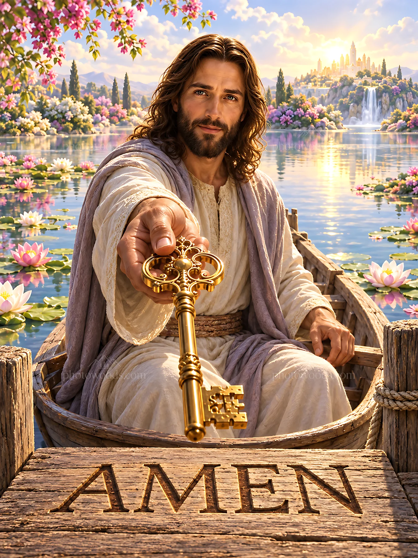 Lilies on the lake with a figure offering a golden key - AI-generated stock image