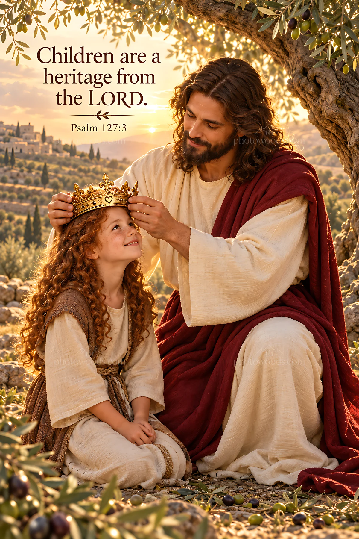 Children receive blessings in an olive grove setting - AI-generated stock image