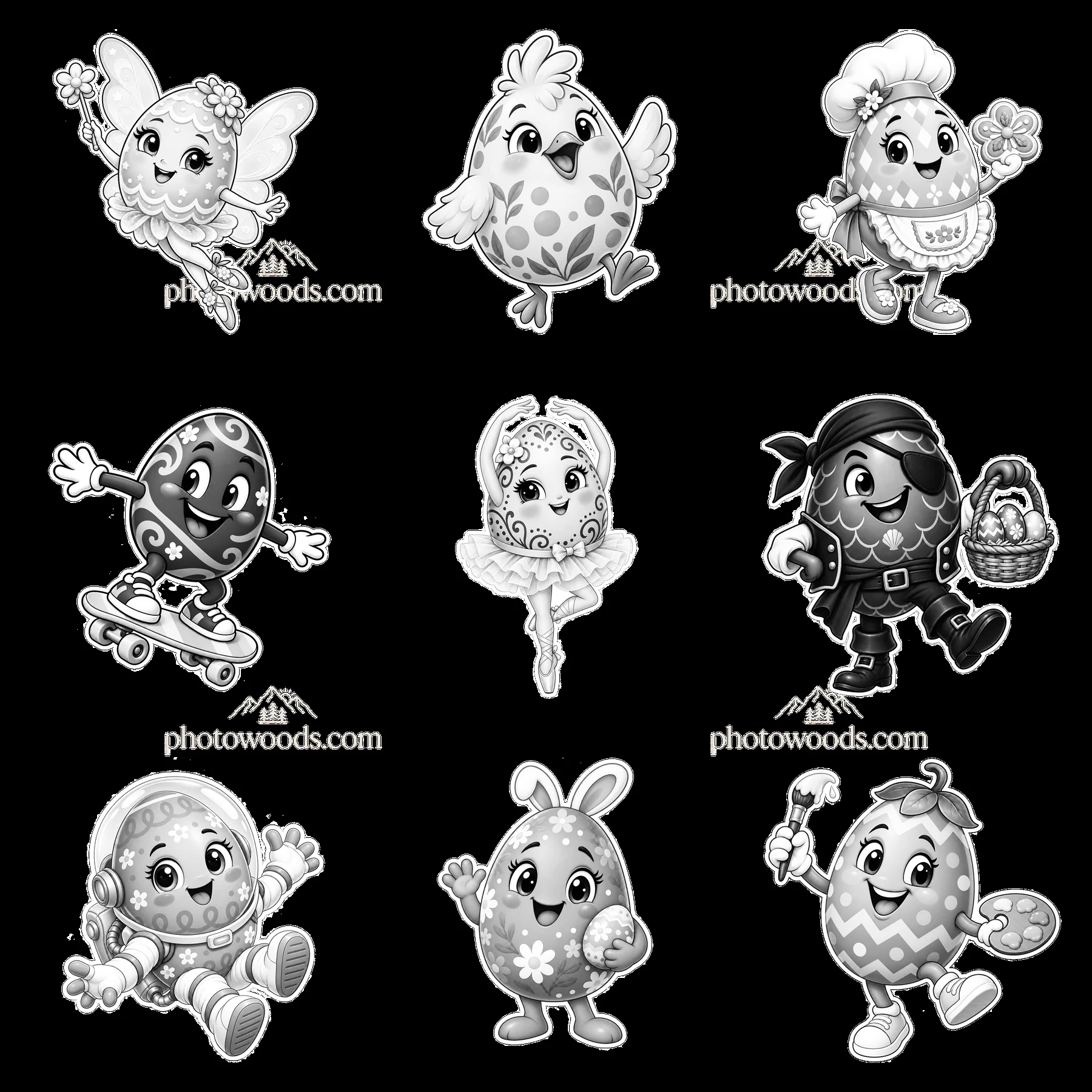 Colorful Easter egg characters in a fun 3x3 layout - AI-generated stock image