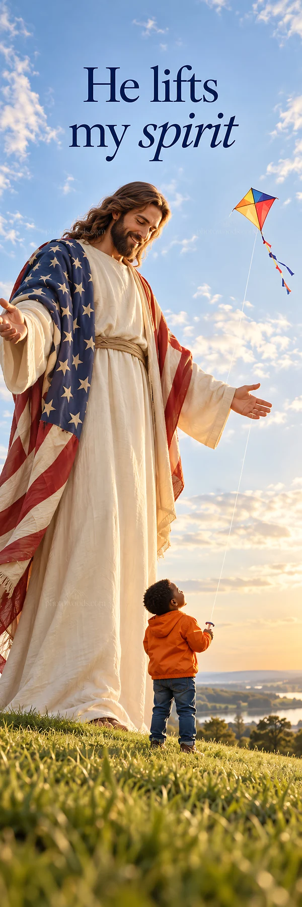 Jesus Christ lifts a child’s spirit while flying a kite - AI-generated stock image