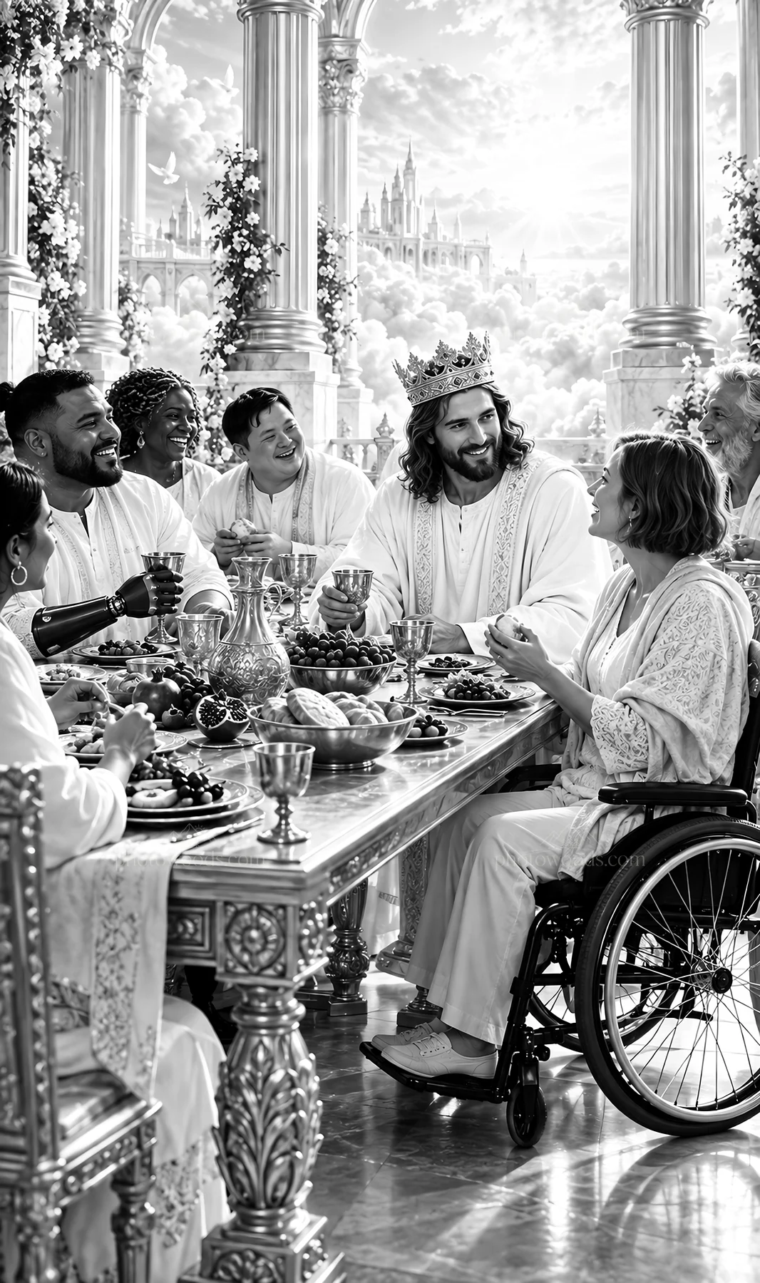 Jesus Christ sharing a meal with a diverse group of people - AI-generated stock image