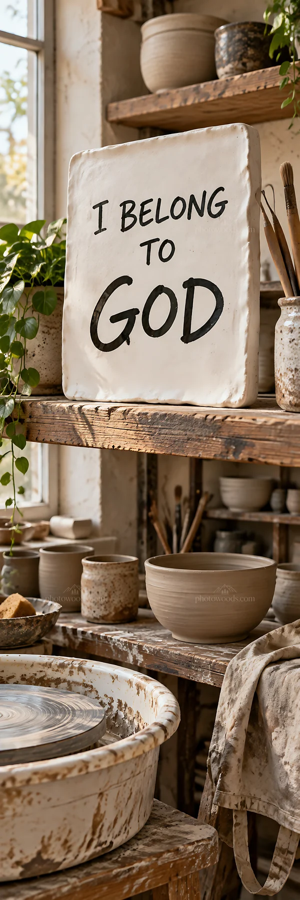 Jesus Christ in a workshop with a faith-themed sign - AI-generated stock image