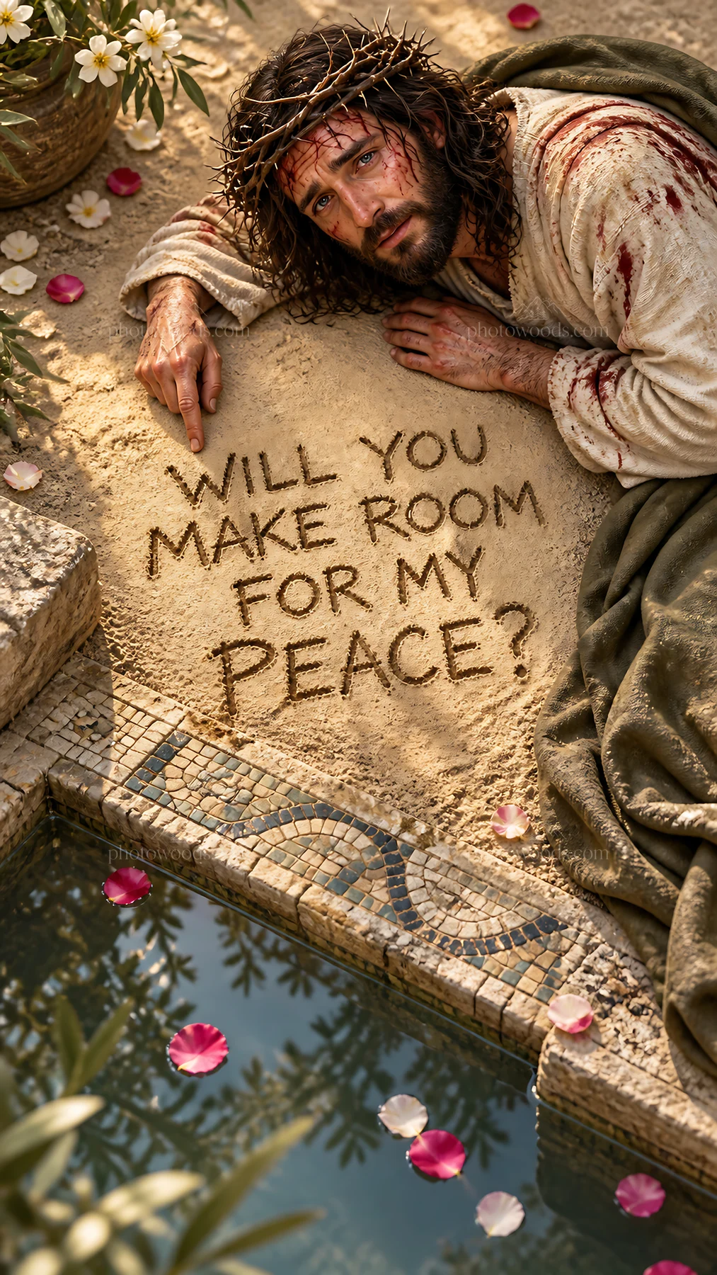 Jesus Christ invites for peace beside a reflective pool - AI-generated stock image