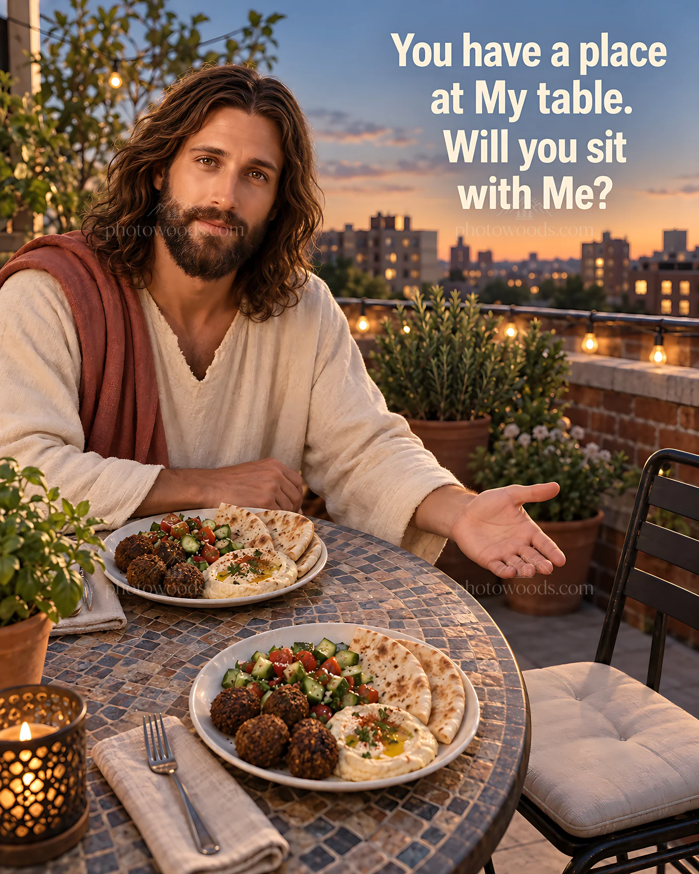 Rooftop dining invitation at sunset with two plates of food - AI-generated stock image