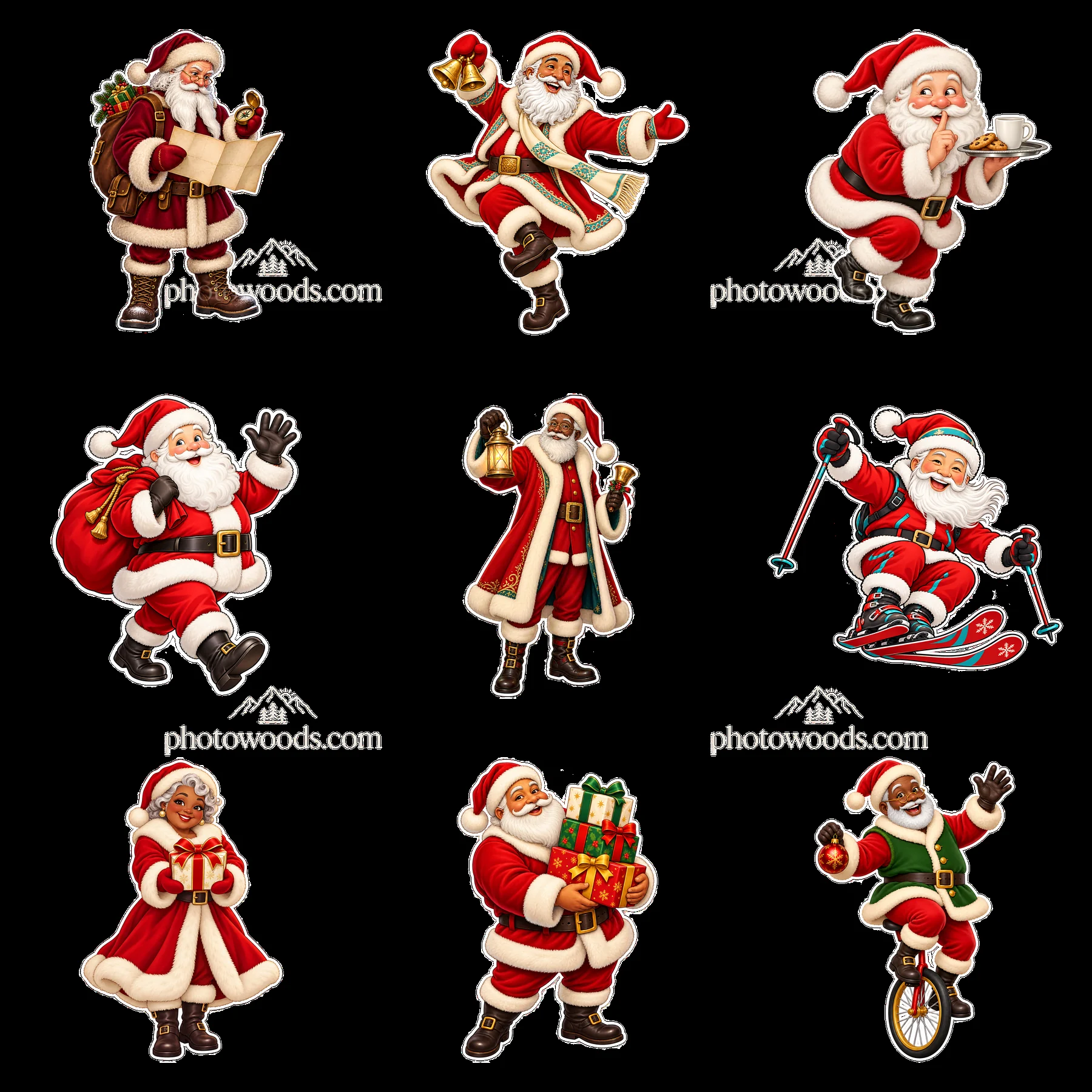 Santa Claus in different playful poses with festive accessories - AI-generated stock image