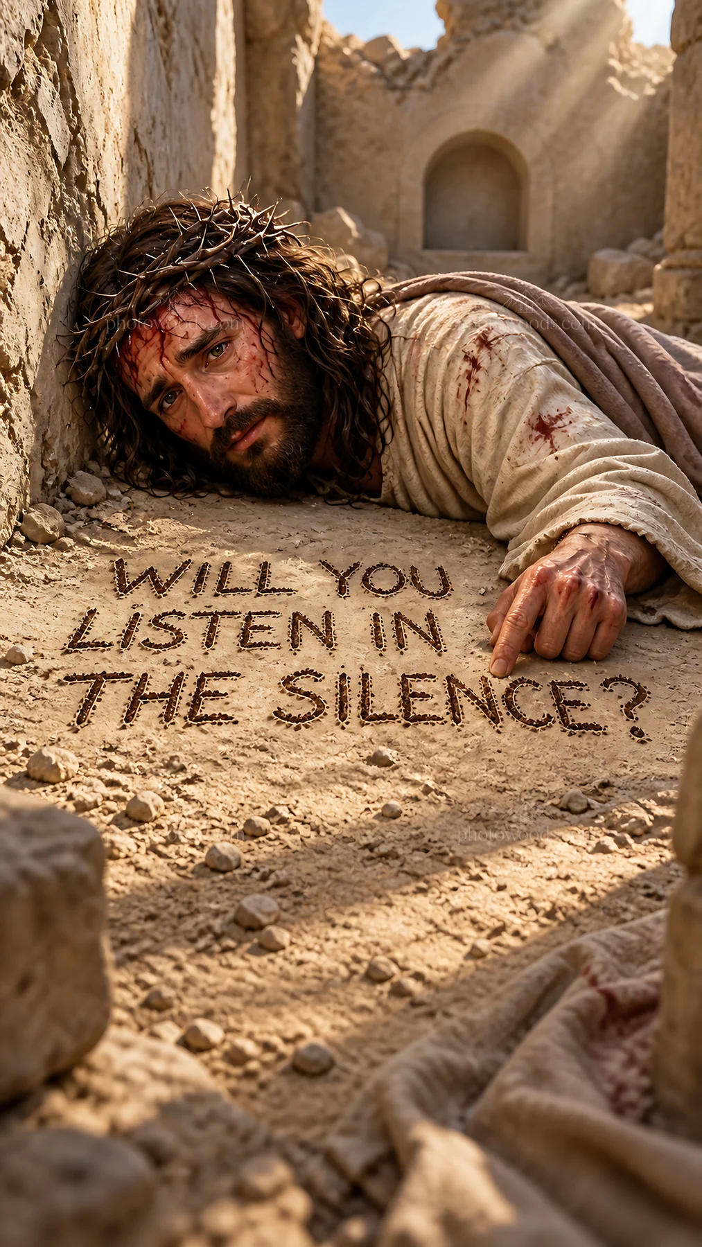 Jesus Christ writing in the dust with a question - AI-generated stock image