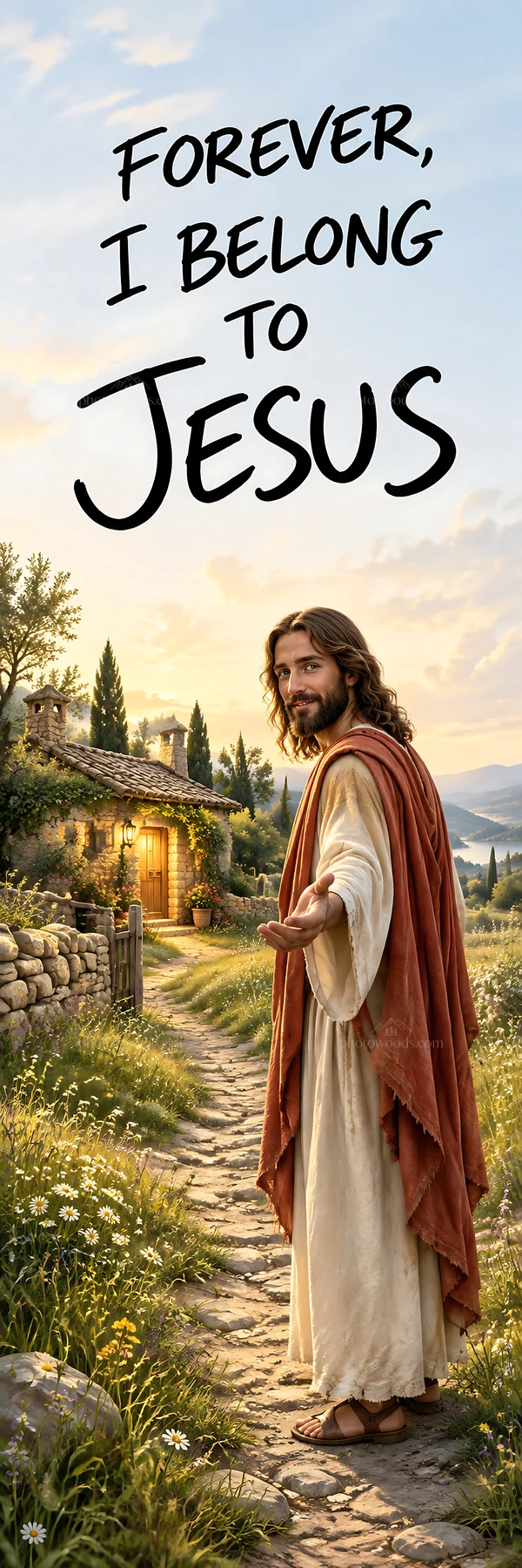 Jesus Christ inviting followers on a winding path - AI-generated stock image