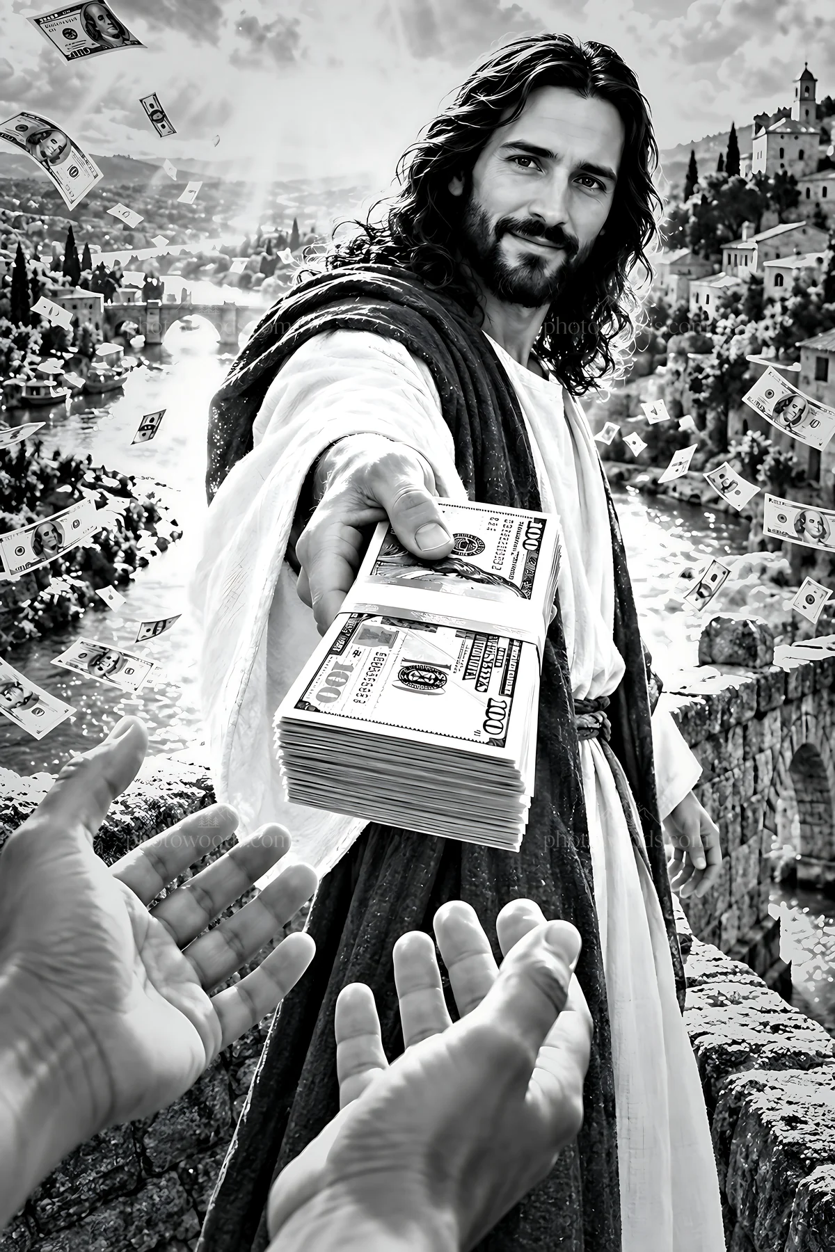Handing out money across the river - AI-generated stock image