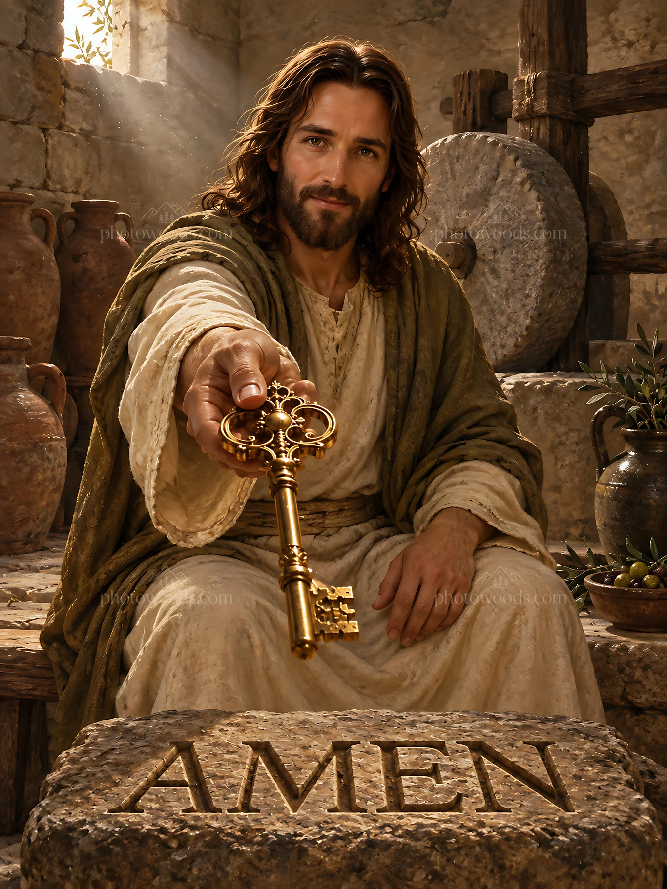 Man holding a key in a historical setting with the word Amen - AI-generated stock image