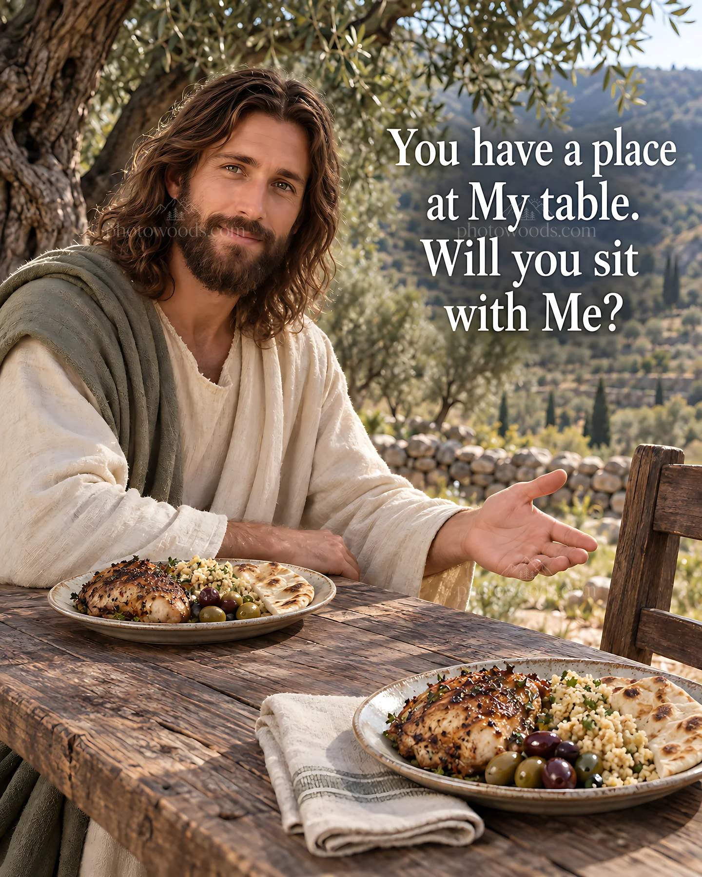 Invitation to share a meal in olive grove setting - AI-generated stock image