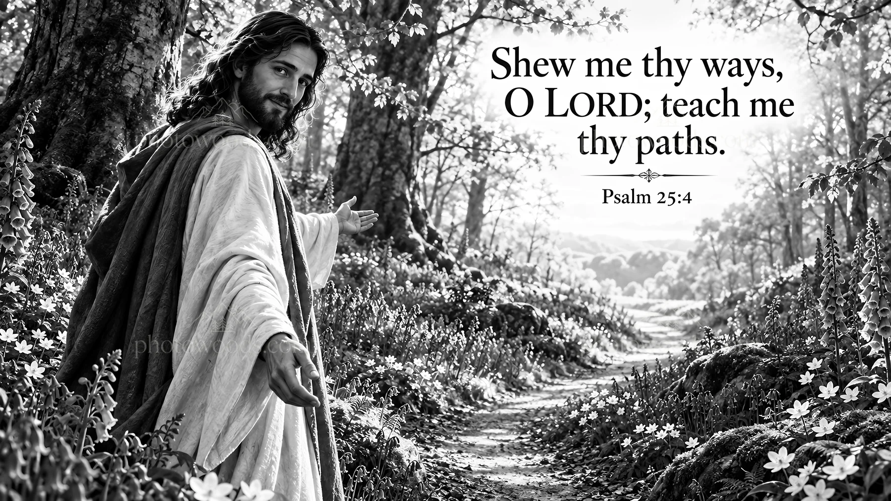 Jesus Christ showing the way in a forest path - AI-generated stock image