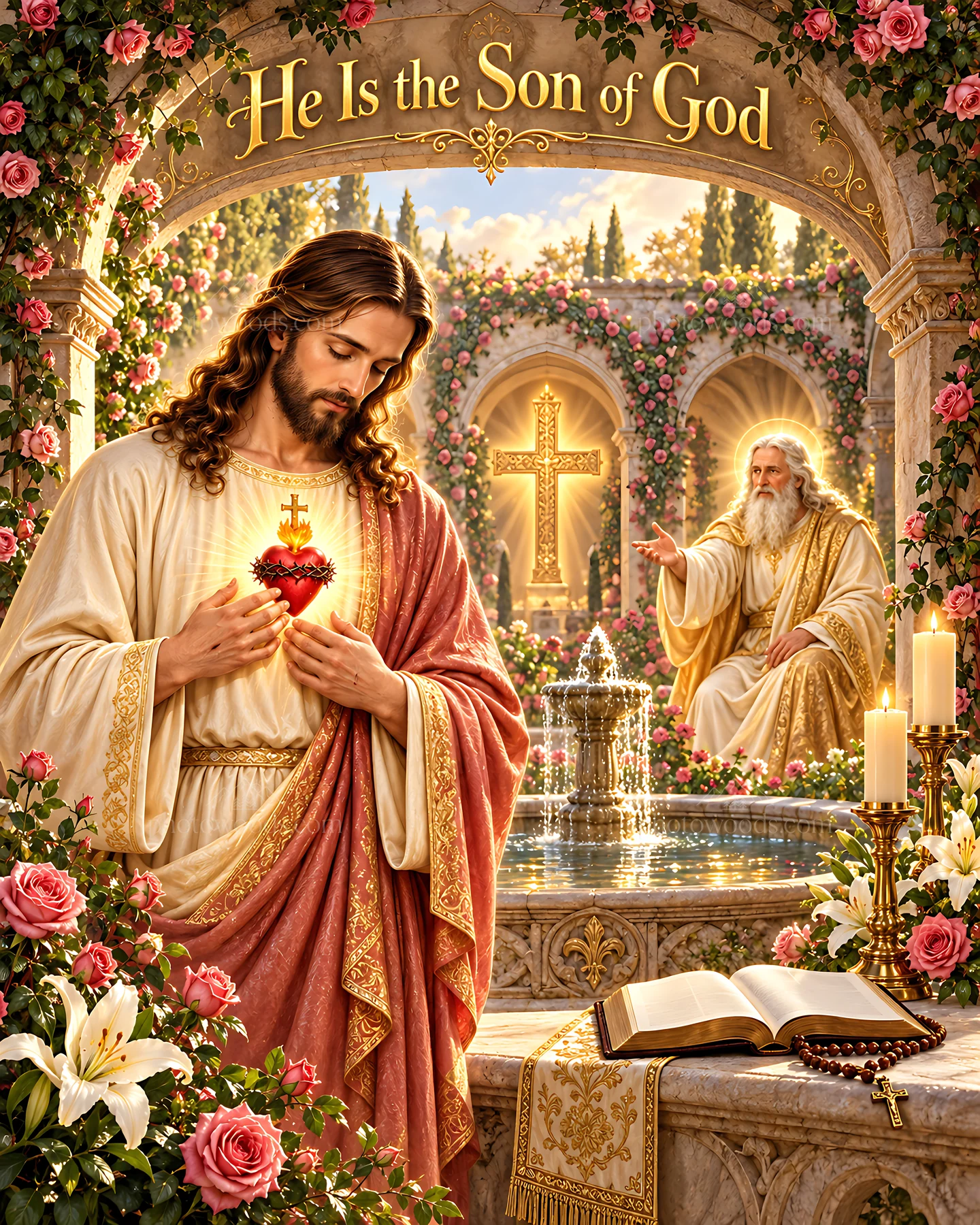 Grace in the rose cloister - AI-generated stock image