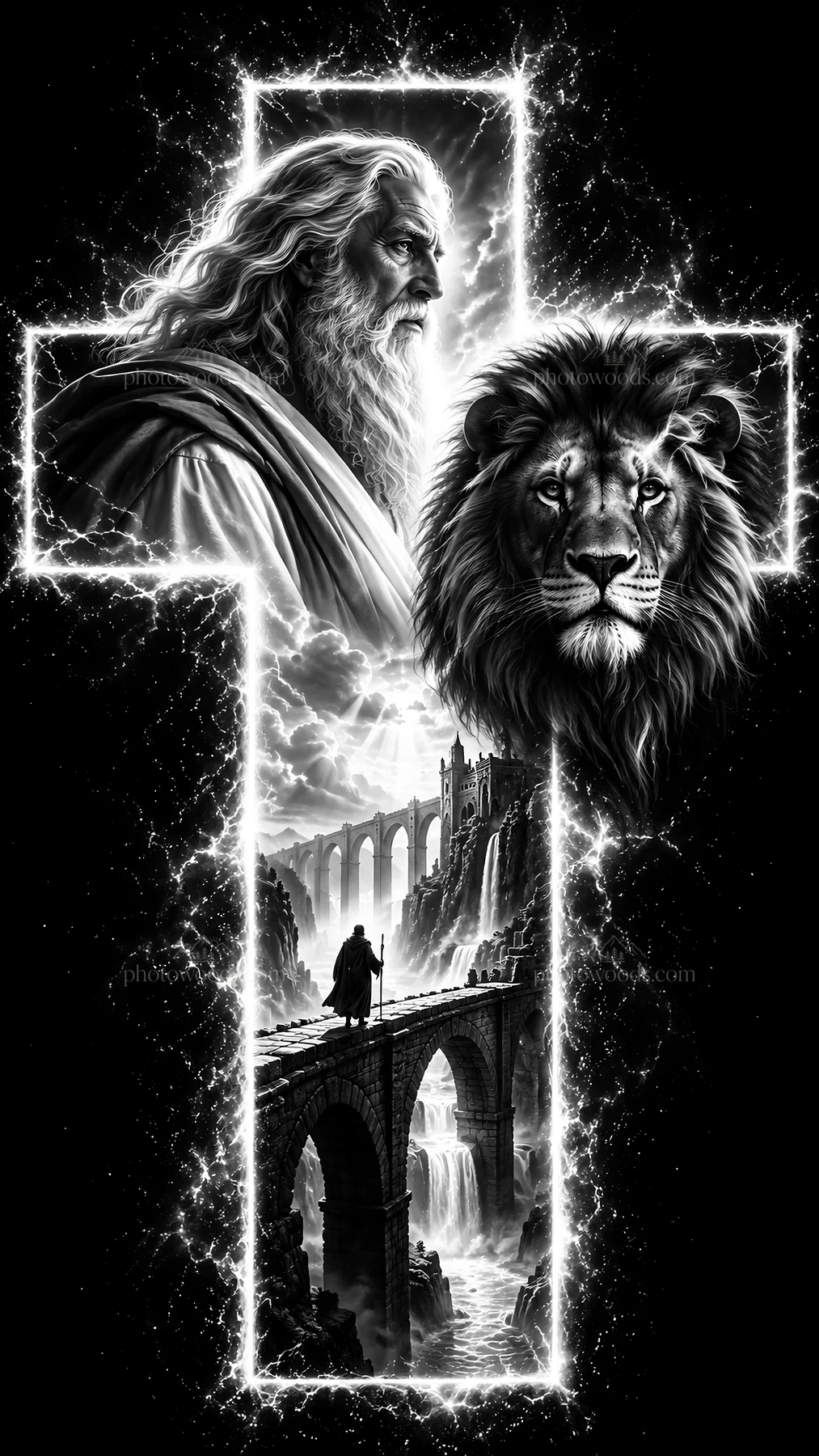 Jesus Christ depicted with a lion and a bridge - AI-generated stock image