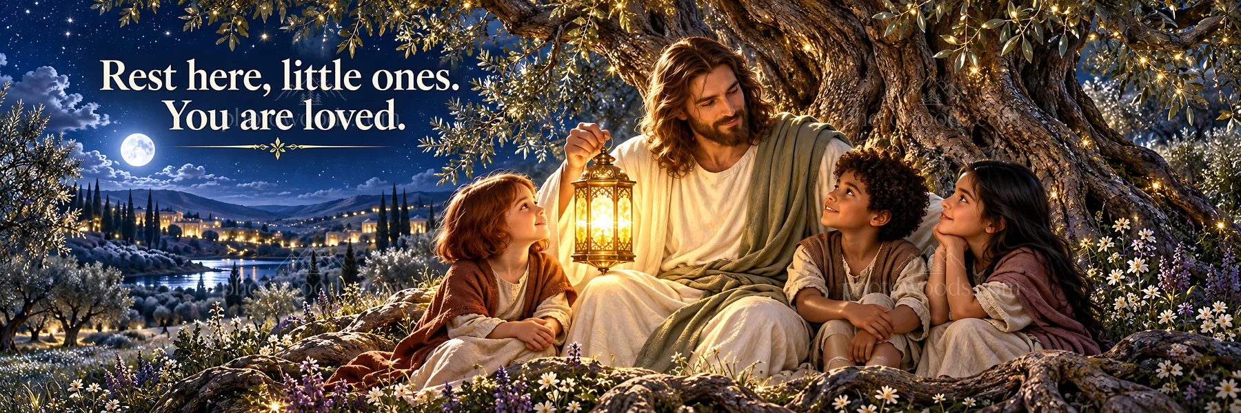 Jesus Christ comforting children under a tree at night - AI-generated stock image