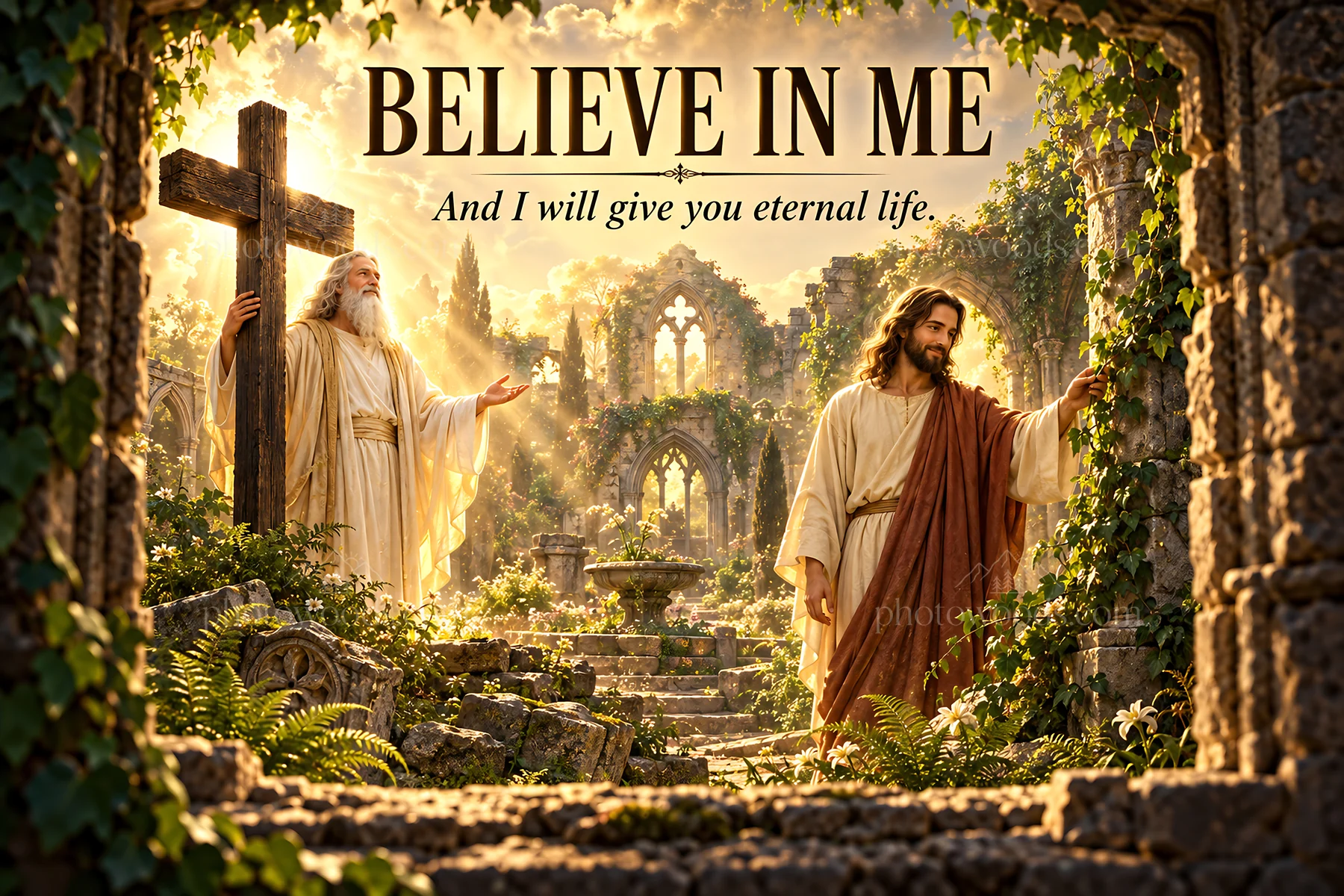 Jesus Christ offers eternal life in a serene garden setting - AI-generated stock image