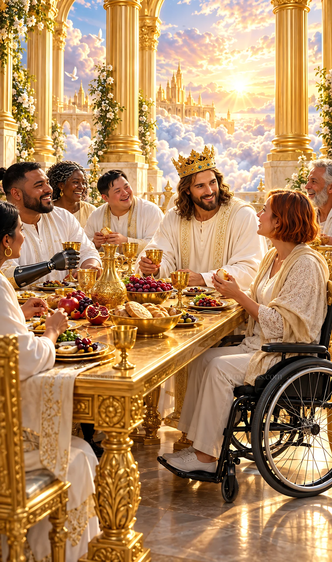 Jesus Christ sharing a meal with friends in a golden setting - AI-generated stock image