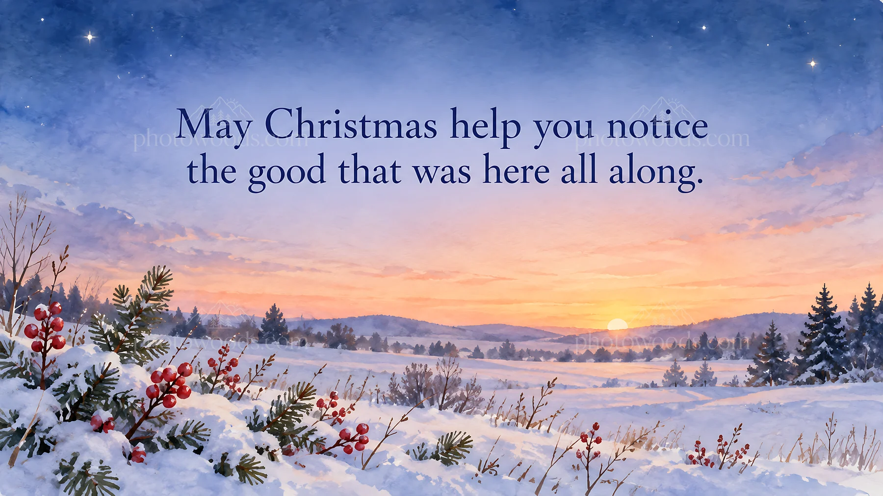 Christmas Greeting Over a Snowy Sunset Landscape - AI-generated stock image