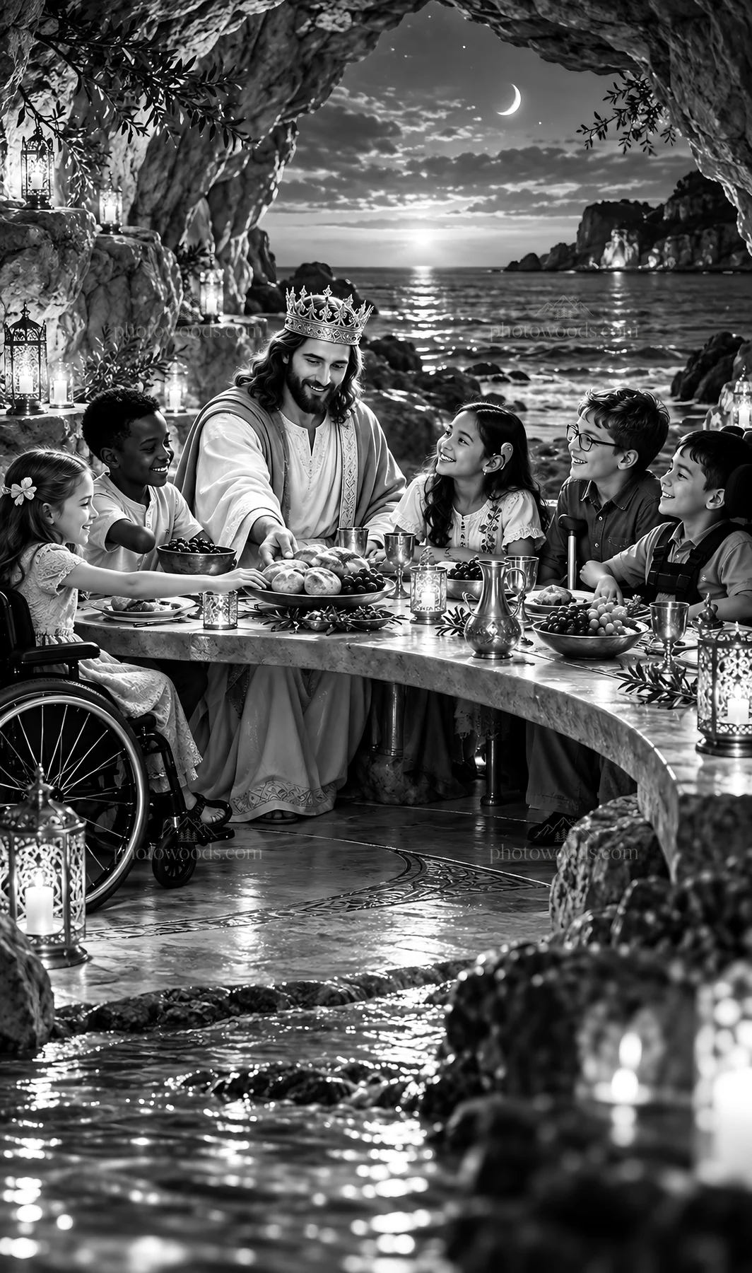 Jesus Christ sharing a meal with children - AI-generated stock image