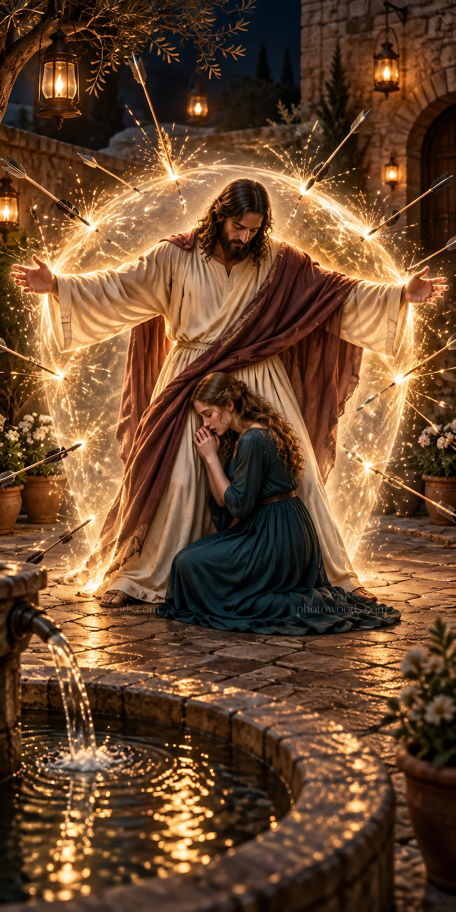 Jesus Christ comforting a woman in a devotional scene - AI-generated stock image