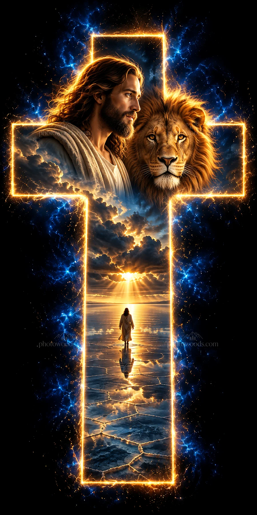 Jesus Christ walking towards a shining light in a cross - AI-generated stock image