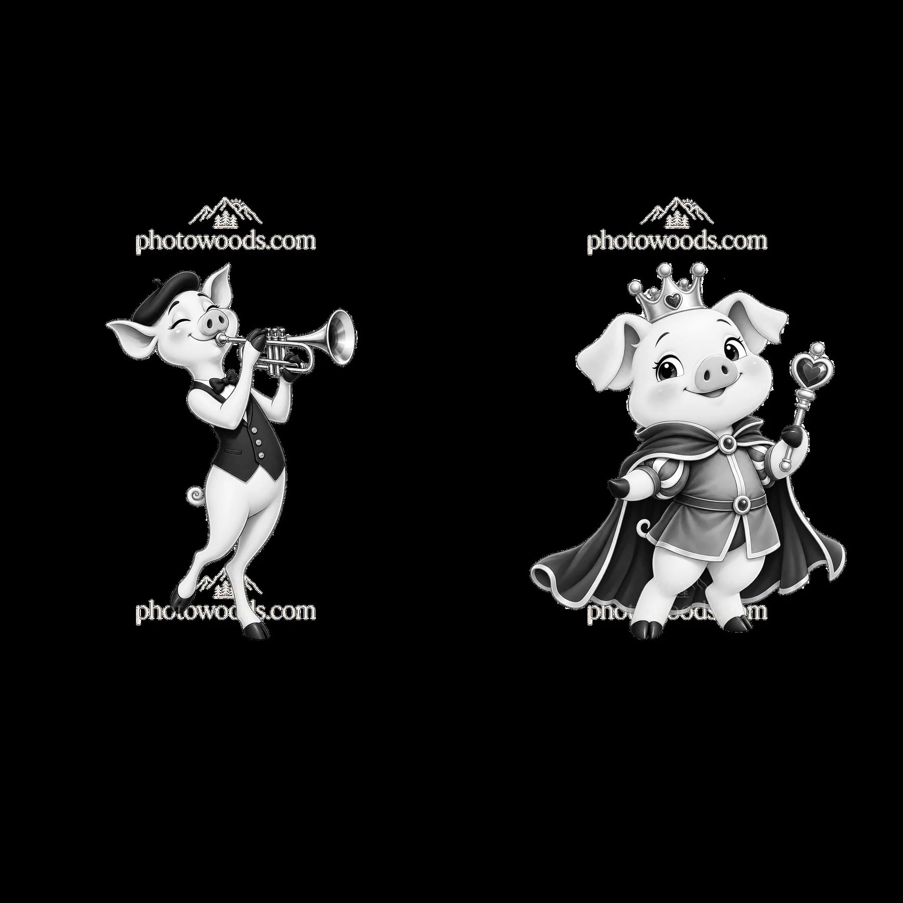 Pig playing trumpet and pig dressed as a king in cartoon style - AI-generated stock image