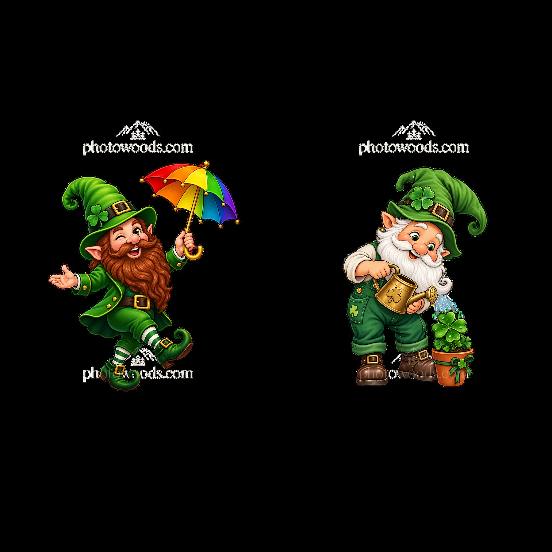 St. Patrick's Day gnomes celebrating with a rainbow umbrella and pot - AI-generated stock image