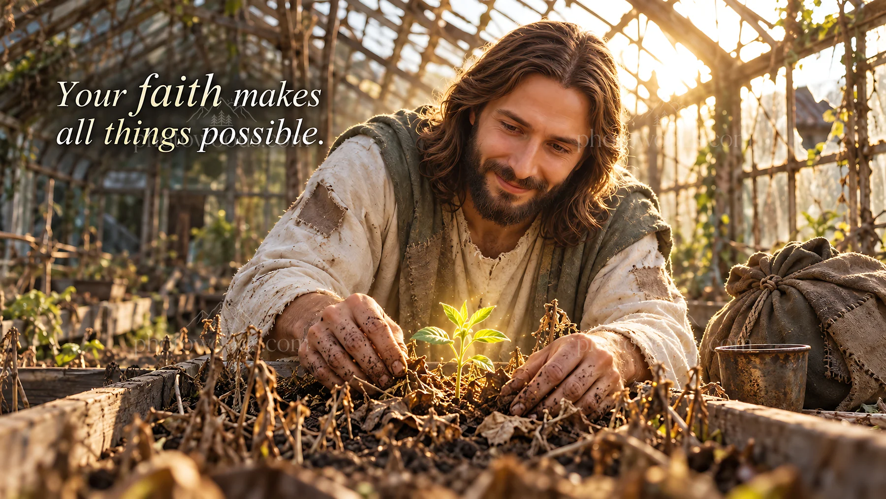 Jesus Christ caring for a plant in a garden - AI-generated stock image