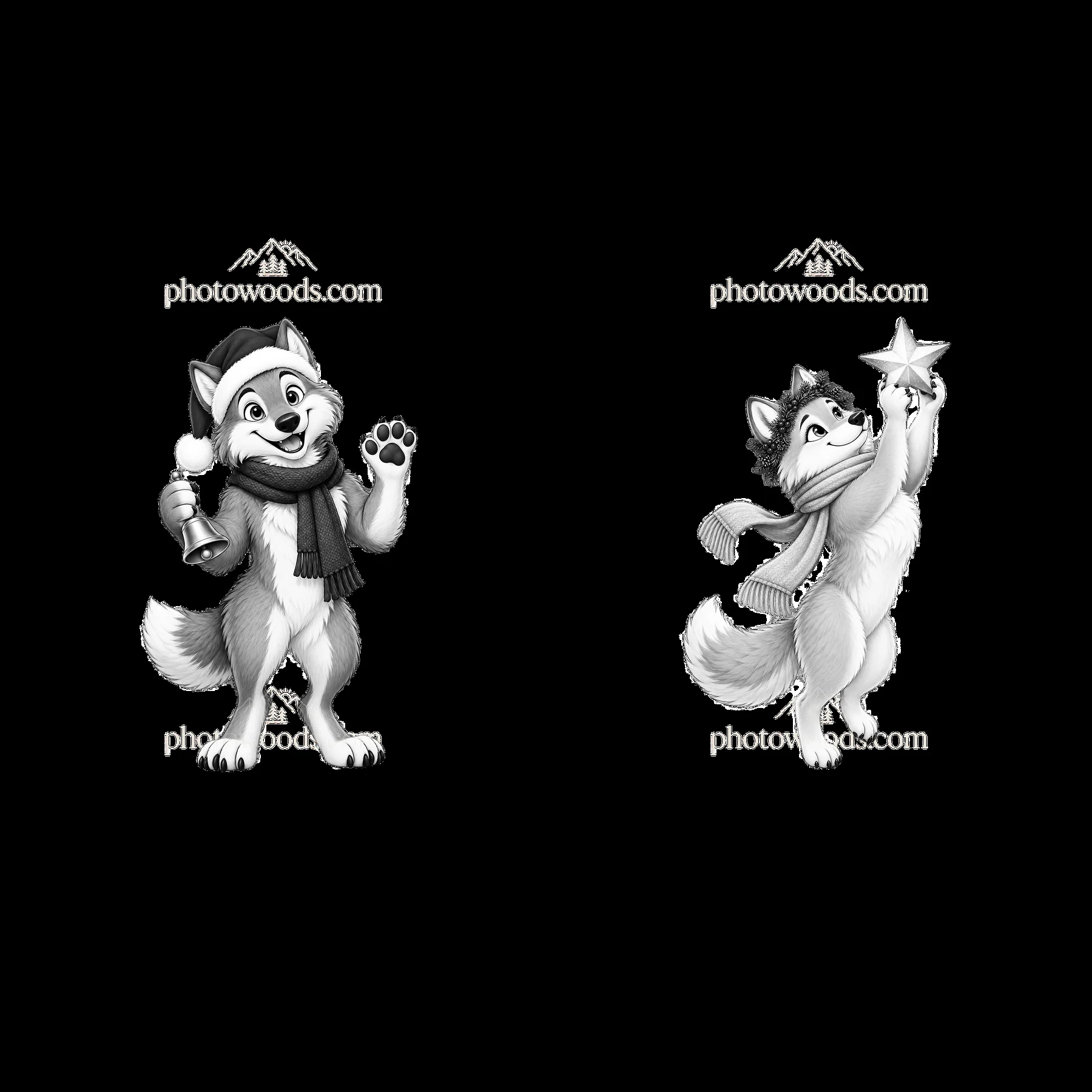 Christmas wolf characters celebrating with decorations - AI-generated stock image