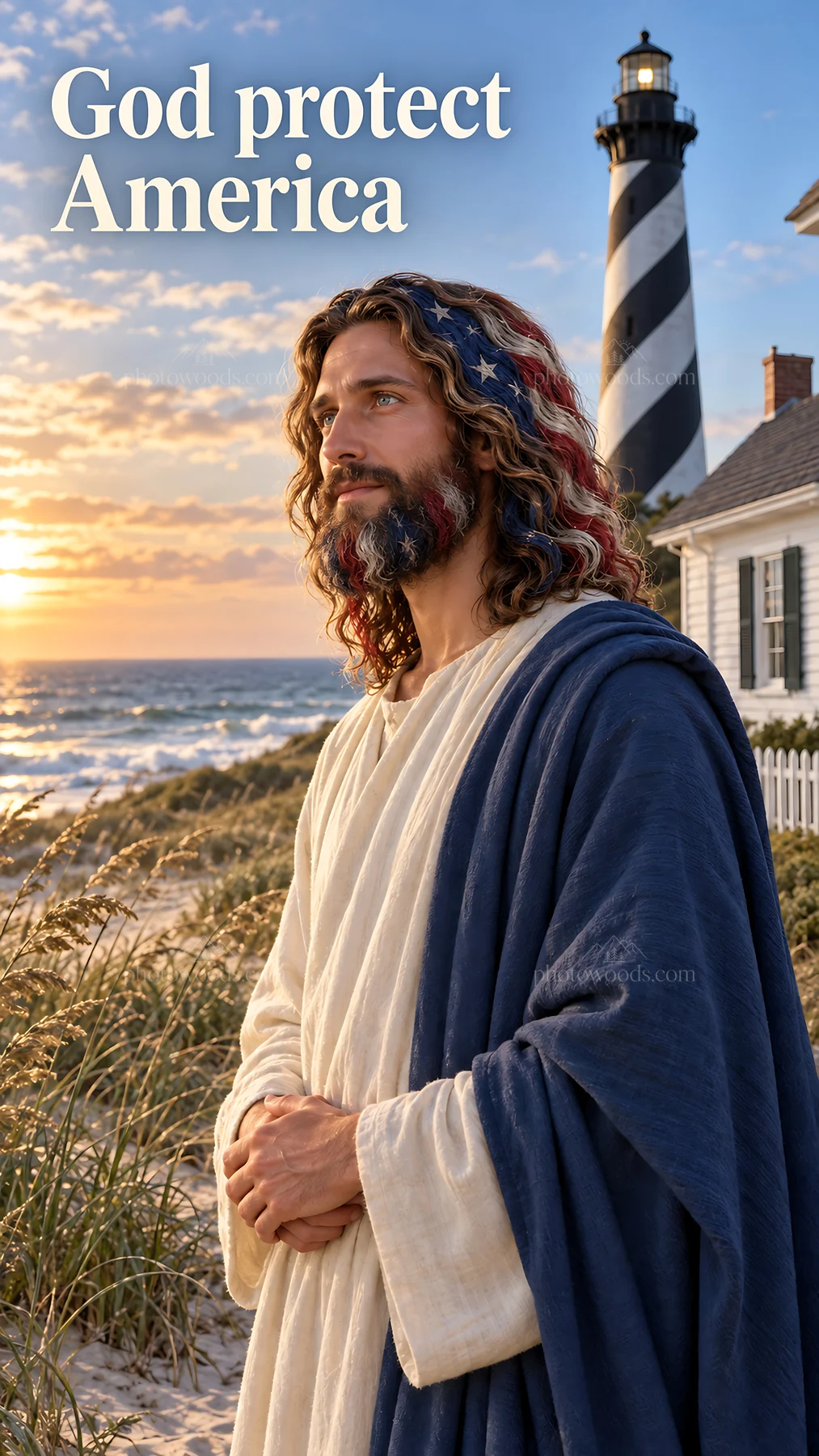 Jesus Christ standing by the shore with a lighthouse at sunset - AI-generated stock image