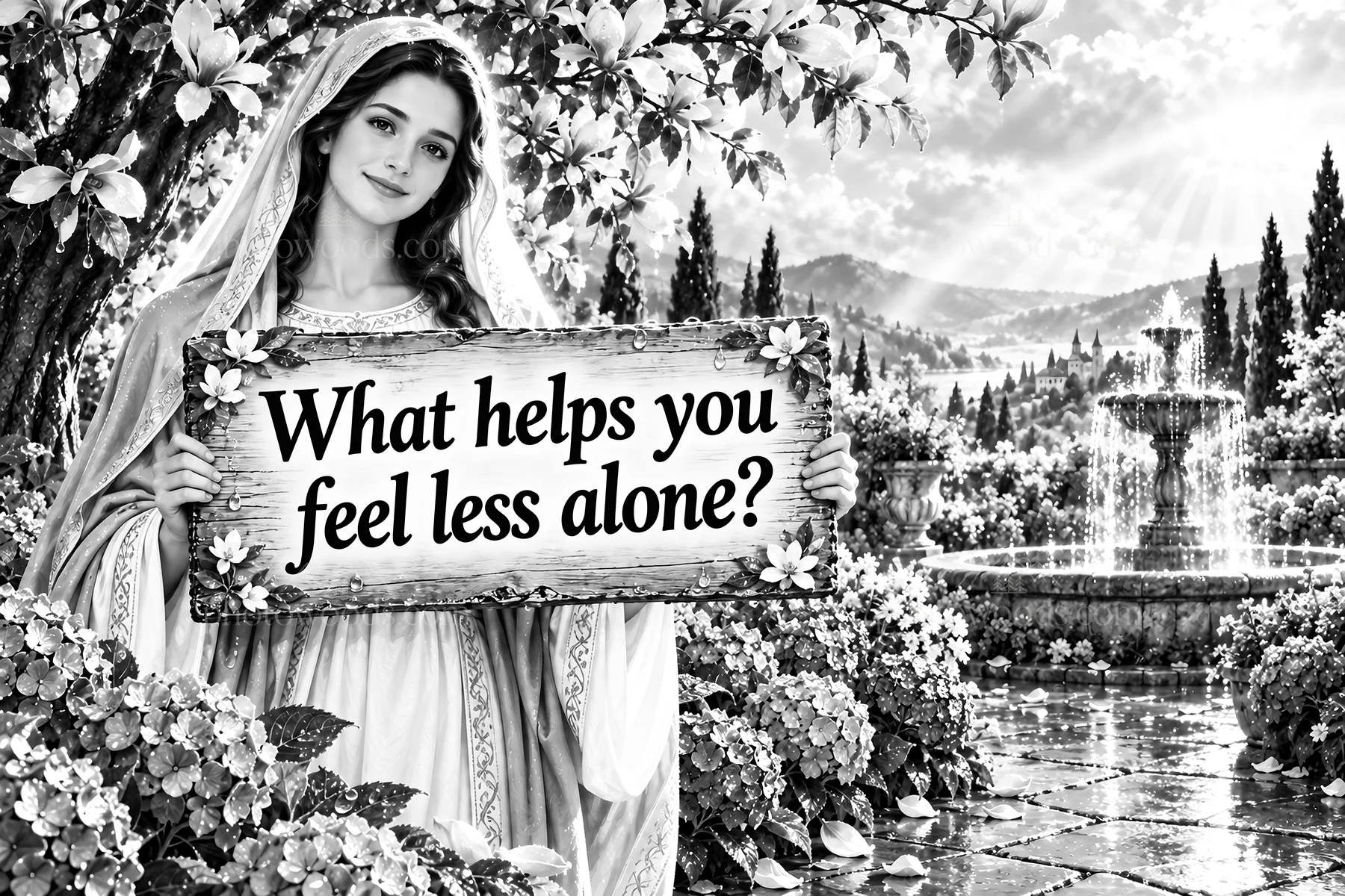 Jesus Christ comforting a person in a garden setting - AI-generated stock image