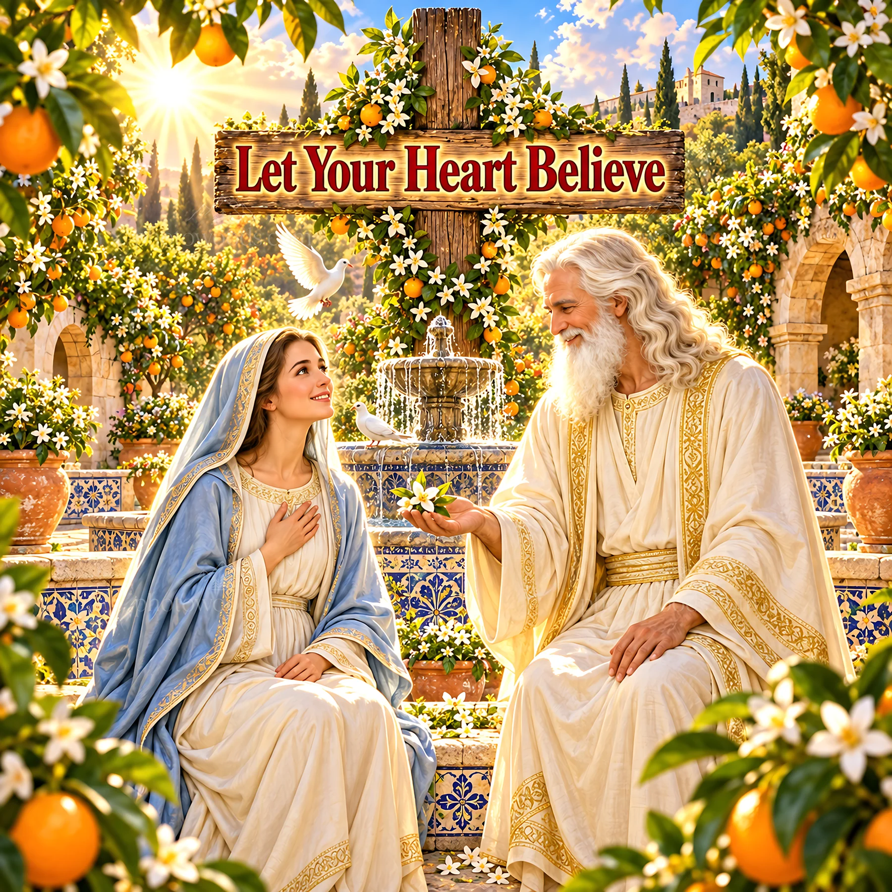 Jesus Christ offering comfort and hope in a garden setting - AI-generated stock image