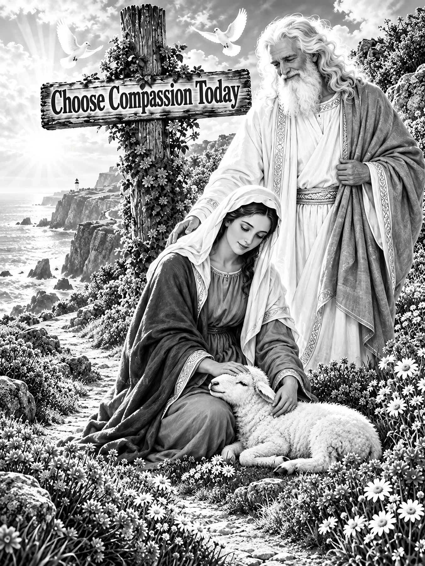 Jesus Christ comforting a woman with a lamb - AI-generated stock image