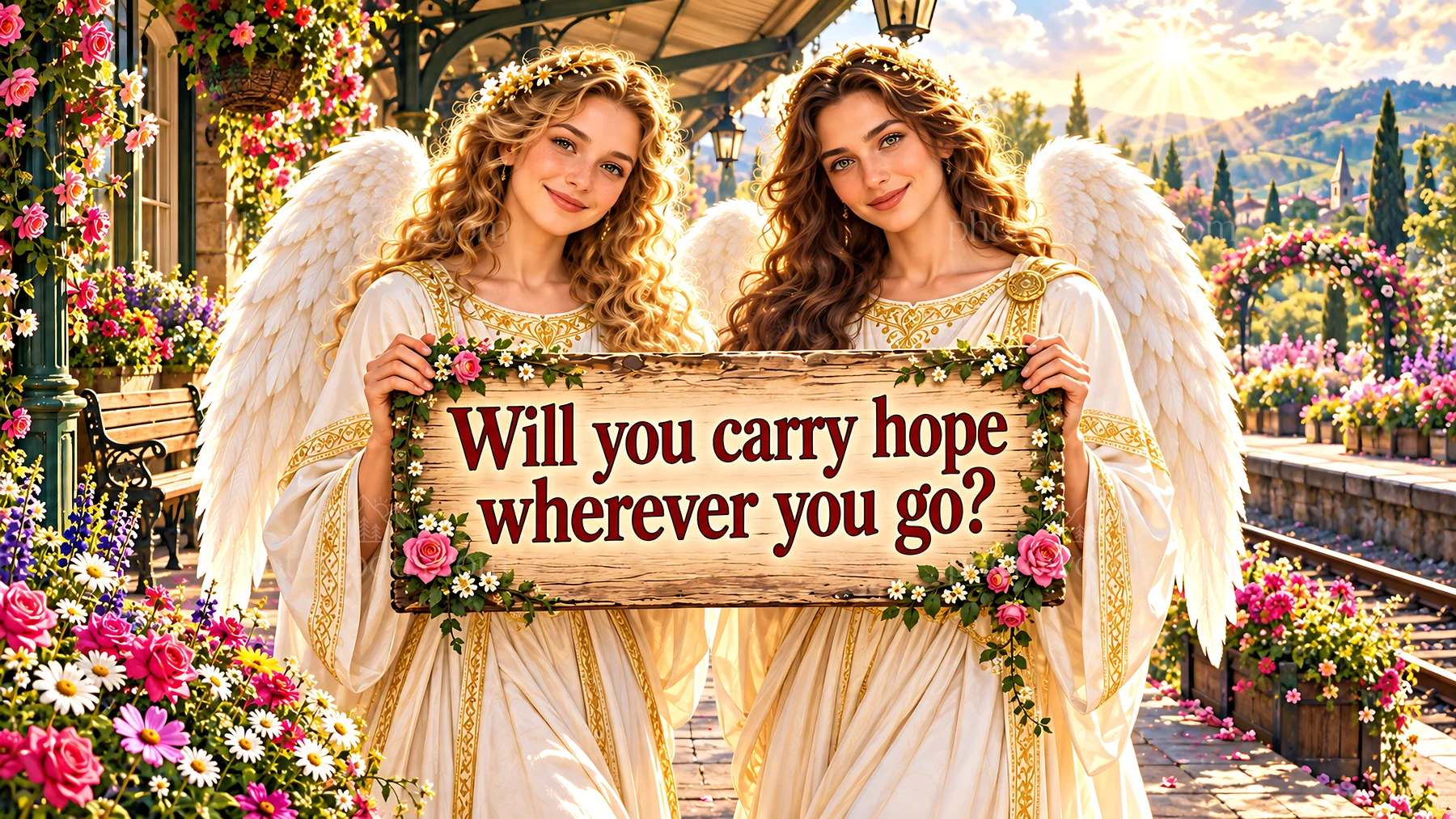 Jesus Christ encourages hope through two angels - AI-generated stock image