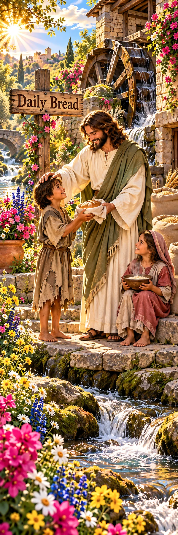 Jesus Christ sharing bread with children in a pastoral scene - AI-generated stock image