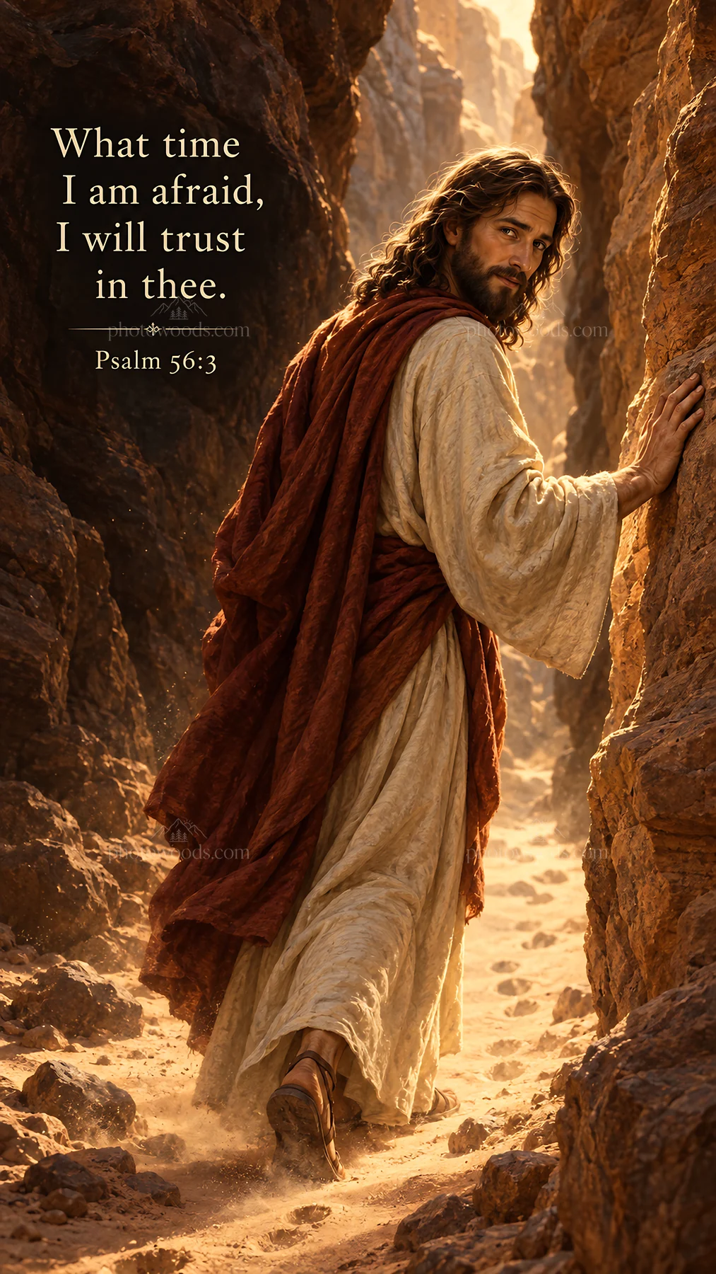 Jesus Christ comfortingly walking through a rocky path - AI-generated stock image
