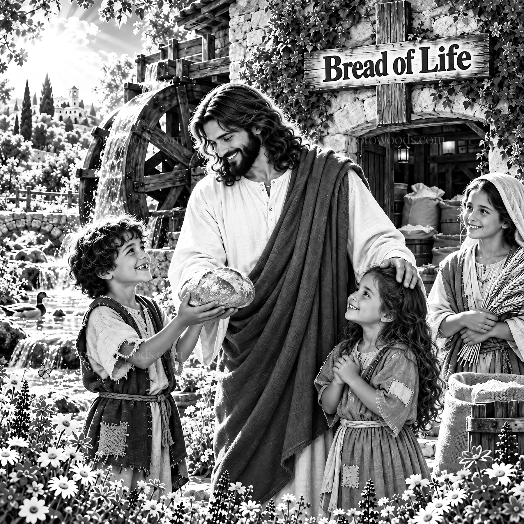 Jesus Christ sharing bread with children in a garden setting - AI-generated stock image
