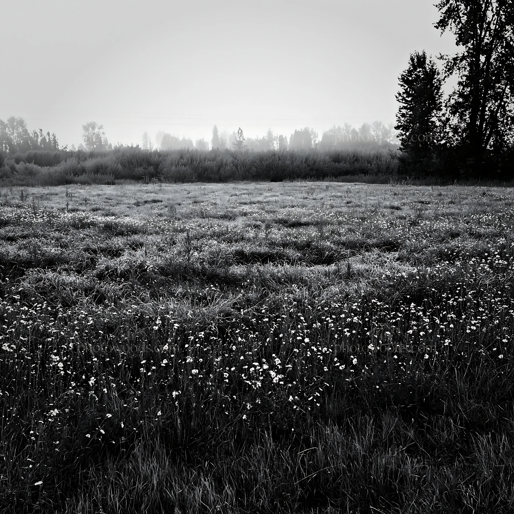 Silver dew on meadow grass at dawn in black and white - AI-generated stock image