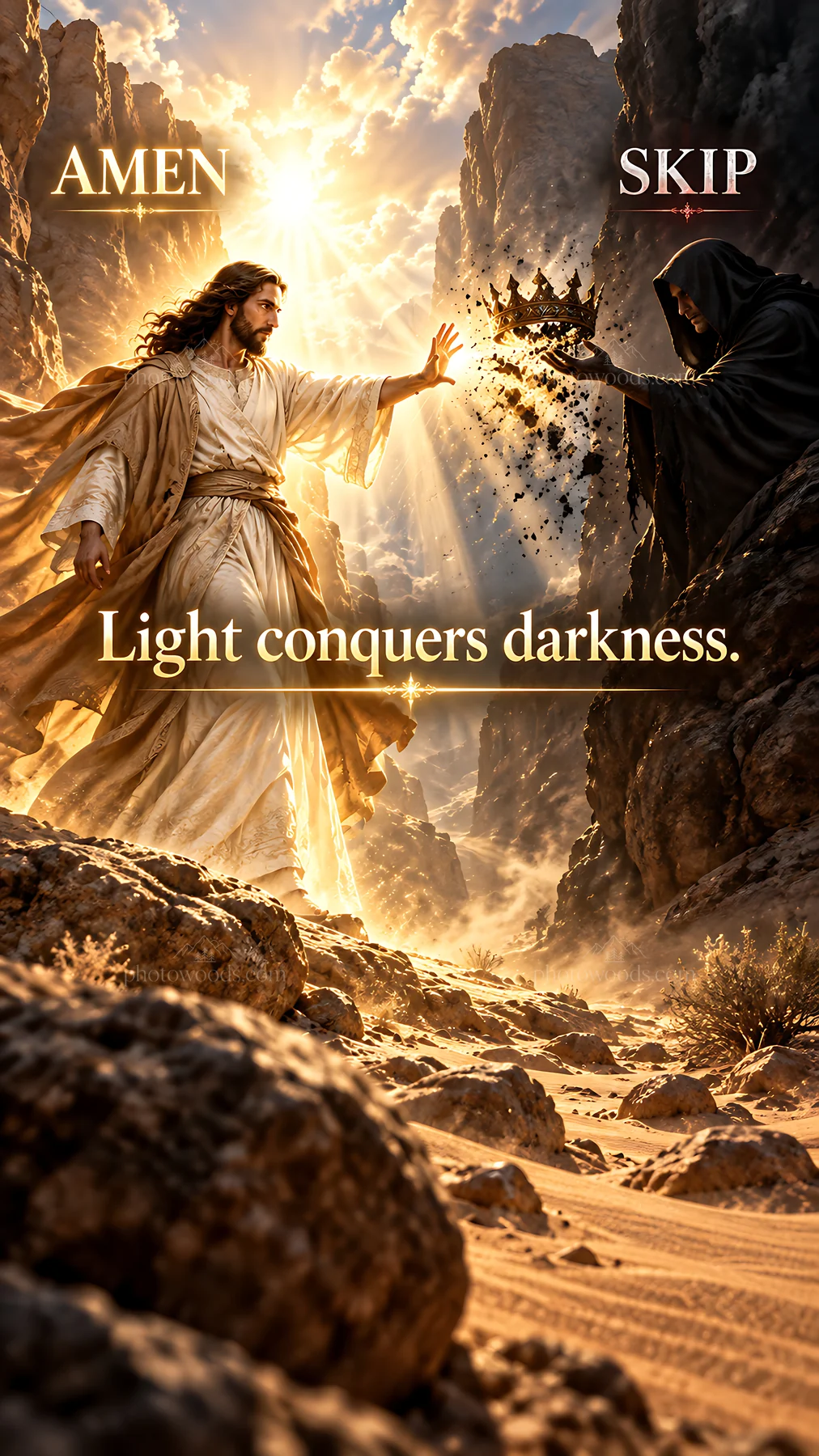 Jesus Christ overcoming darkness with light - AI-generated stock image