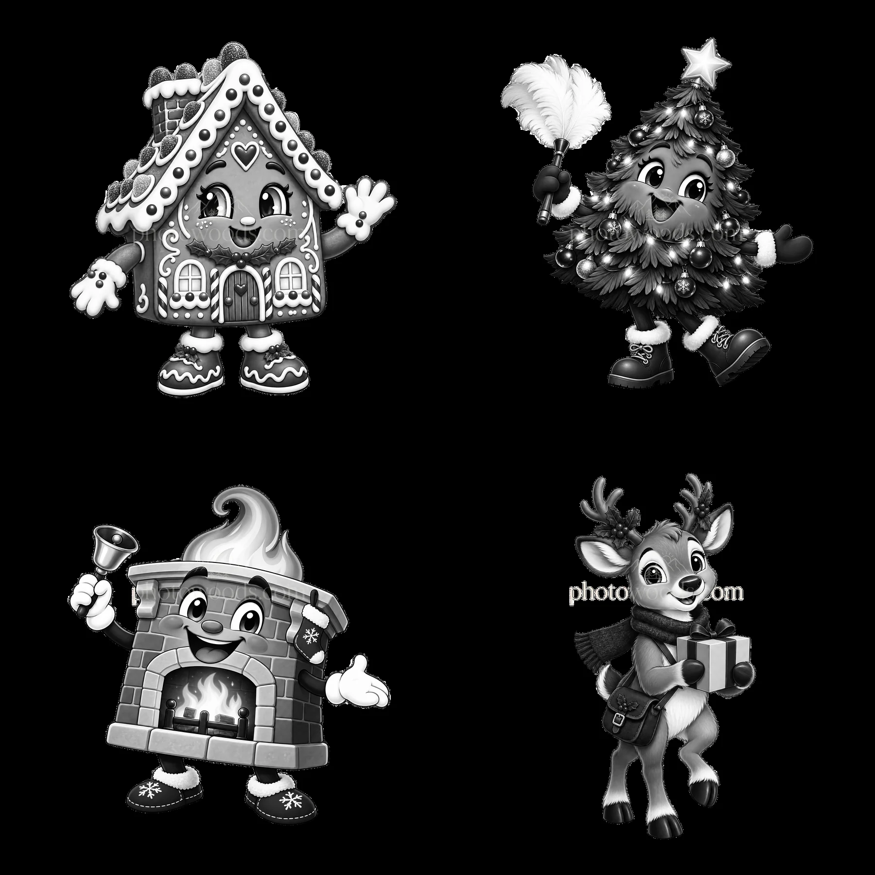 Christmas house characters with decorations in black and white - AI-generated stock image