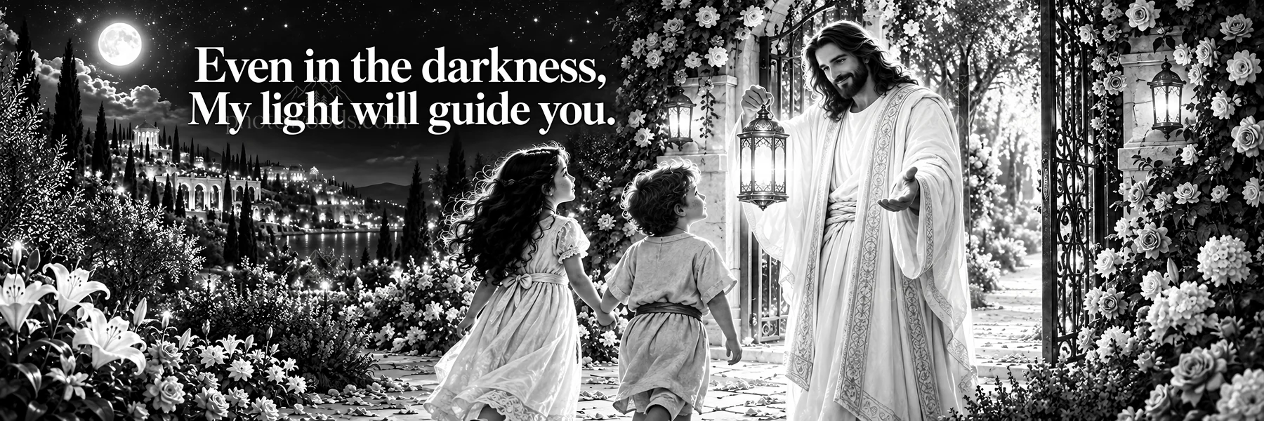 Jesus Christ guiding children through a garden - AI-generated stock image