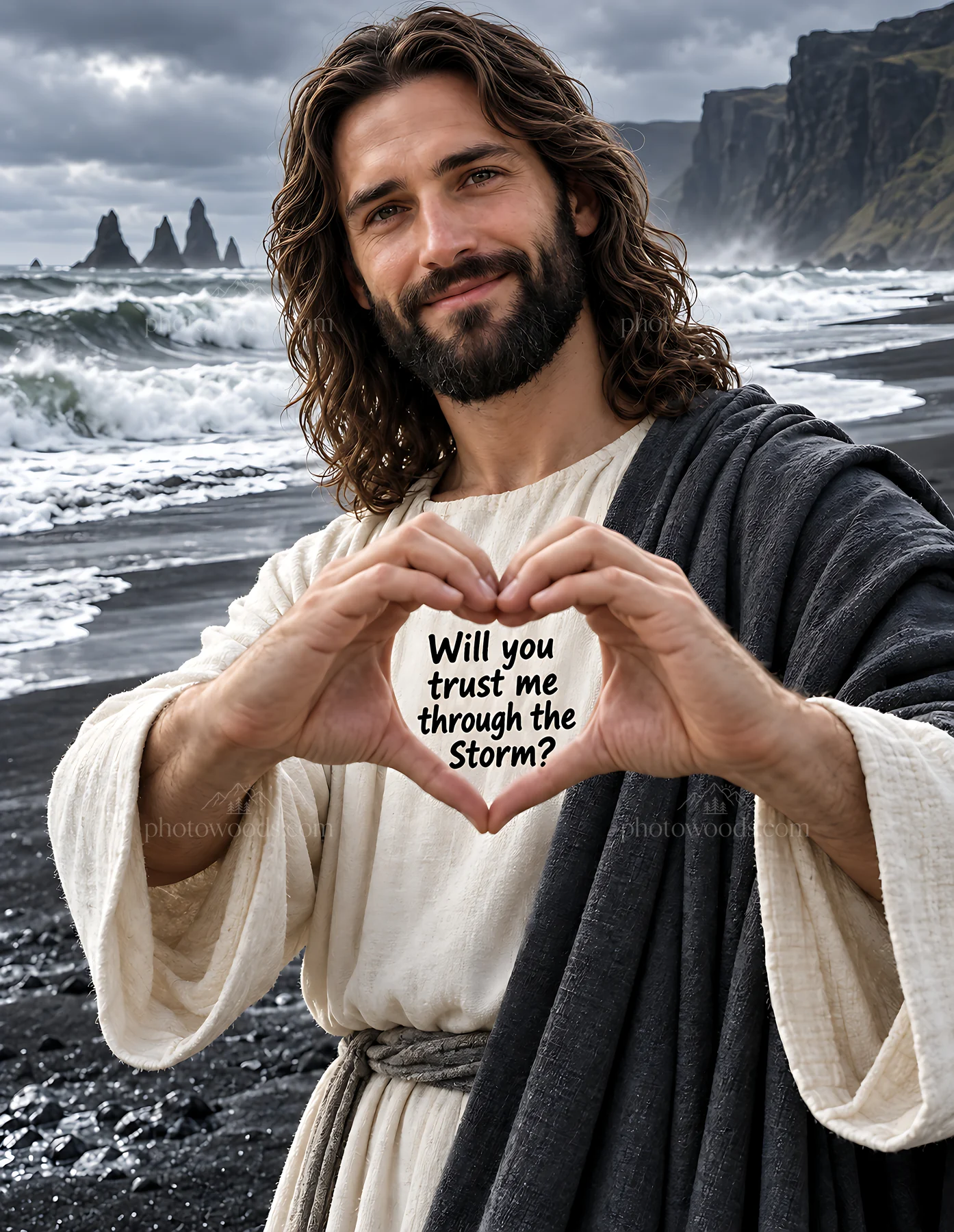 Will you trust me through the storm on the black sand shore - AI-generated stock image