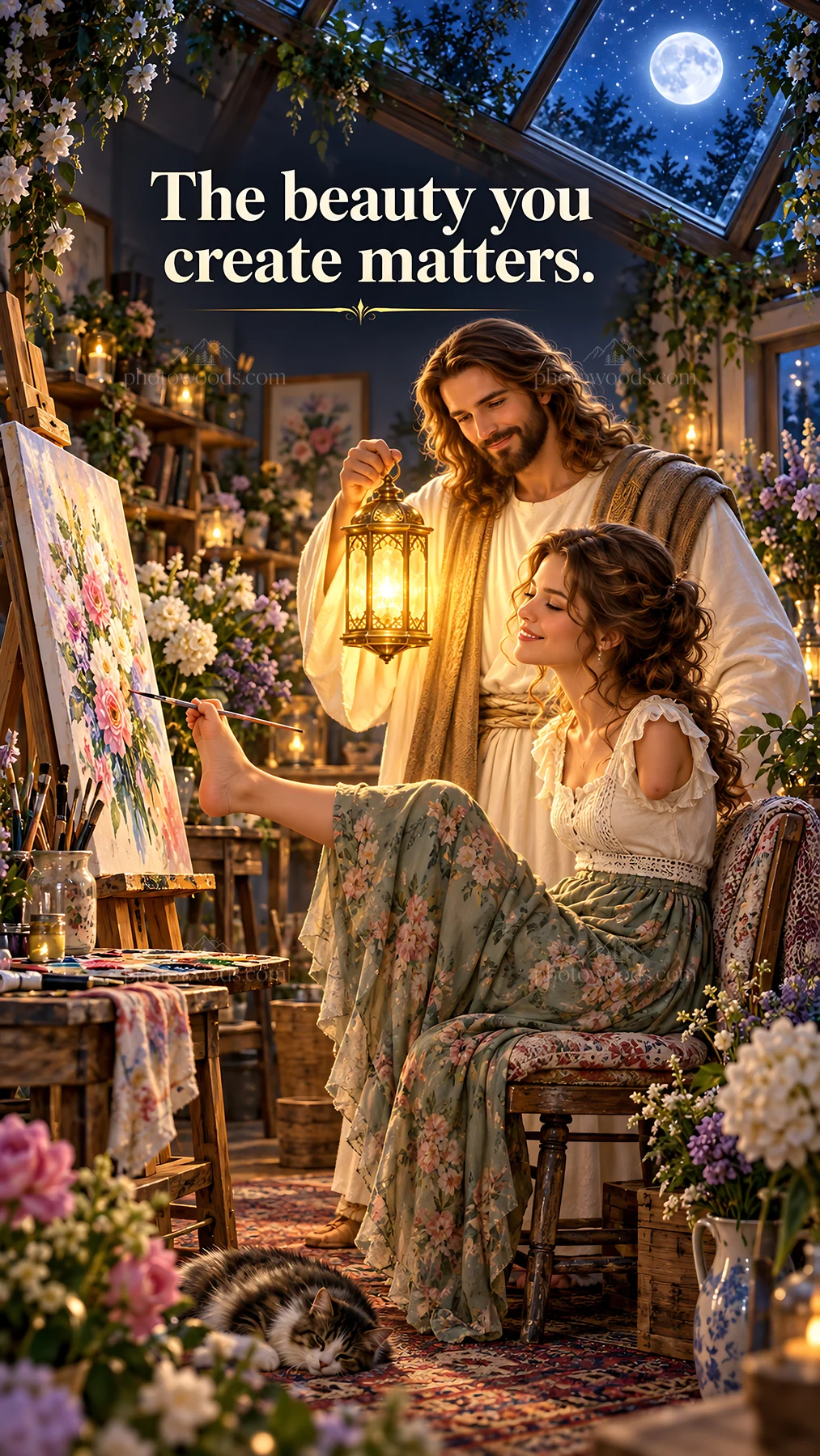 Jesus Christ inspires creativity in a cozy art studio - AI-generated stock image