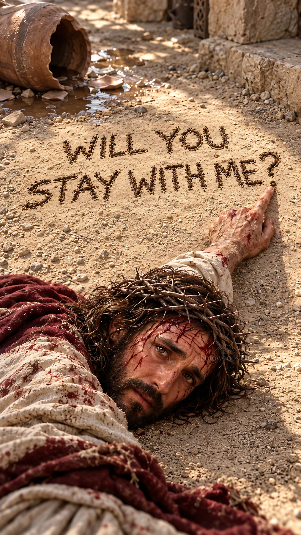 Jesus Christ reaching out with a message on the ground - AI-generated stock image