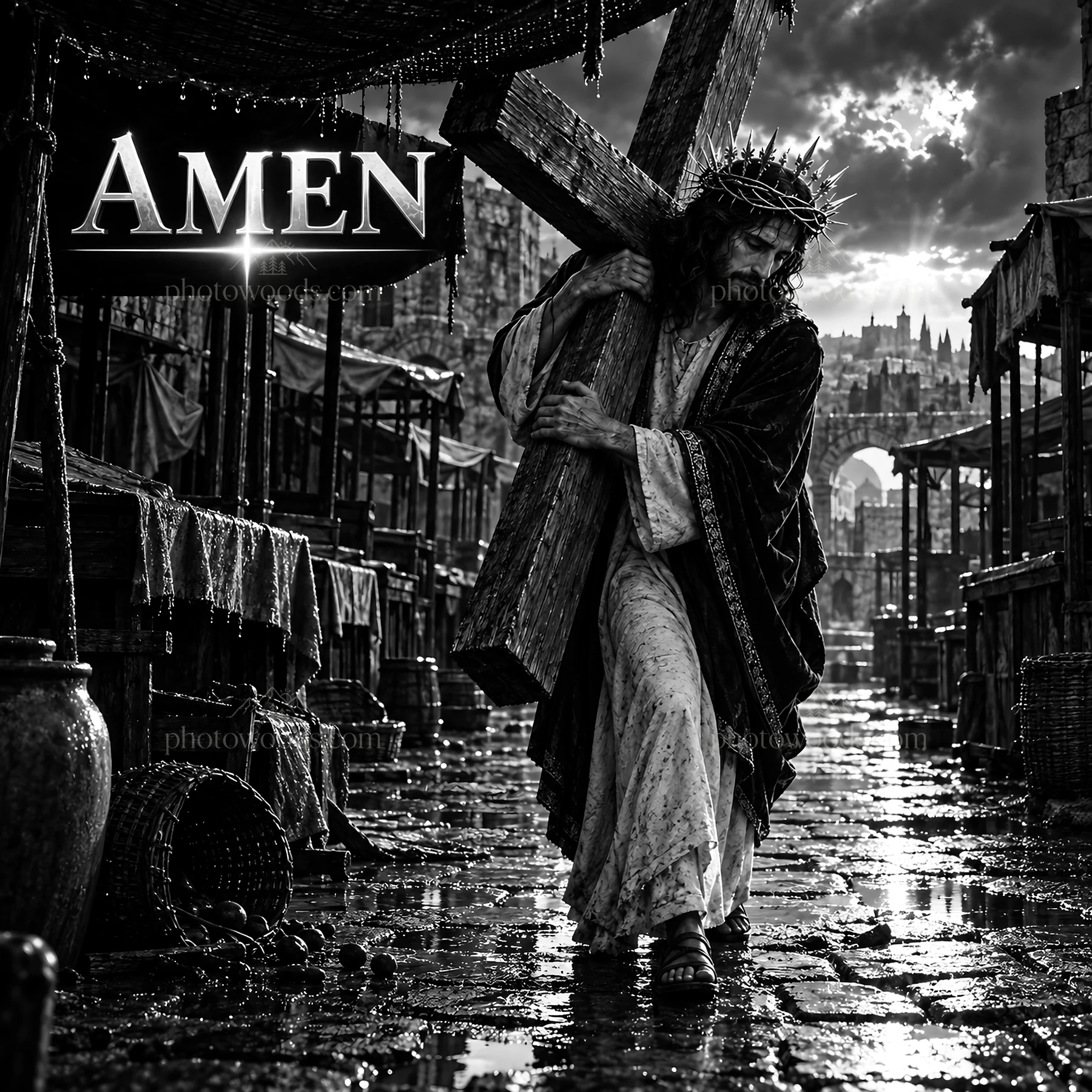 Jesus Christ carrying the cross through a darkened street - AI-generated stock image