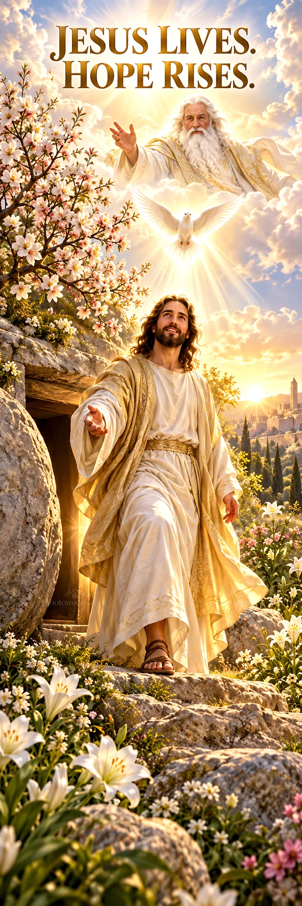 Jesus Christ emerging from the tomb with a gentle gesture - AI-generated stock image