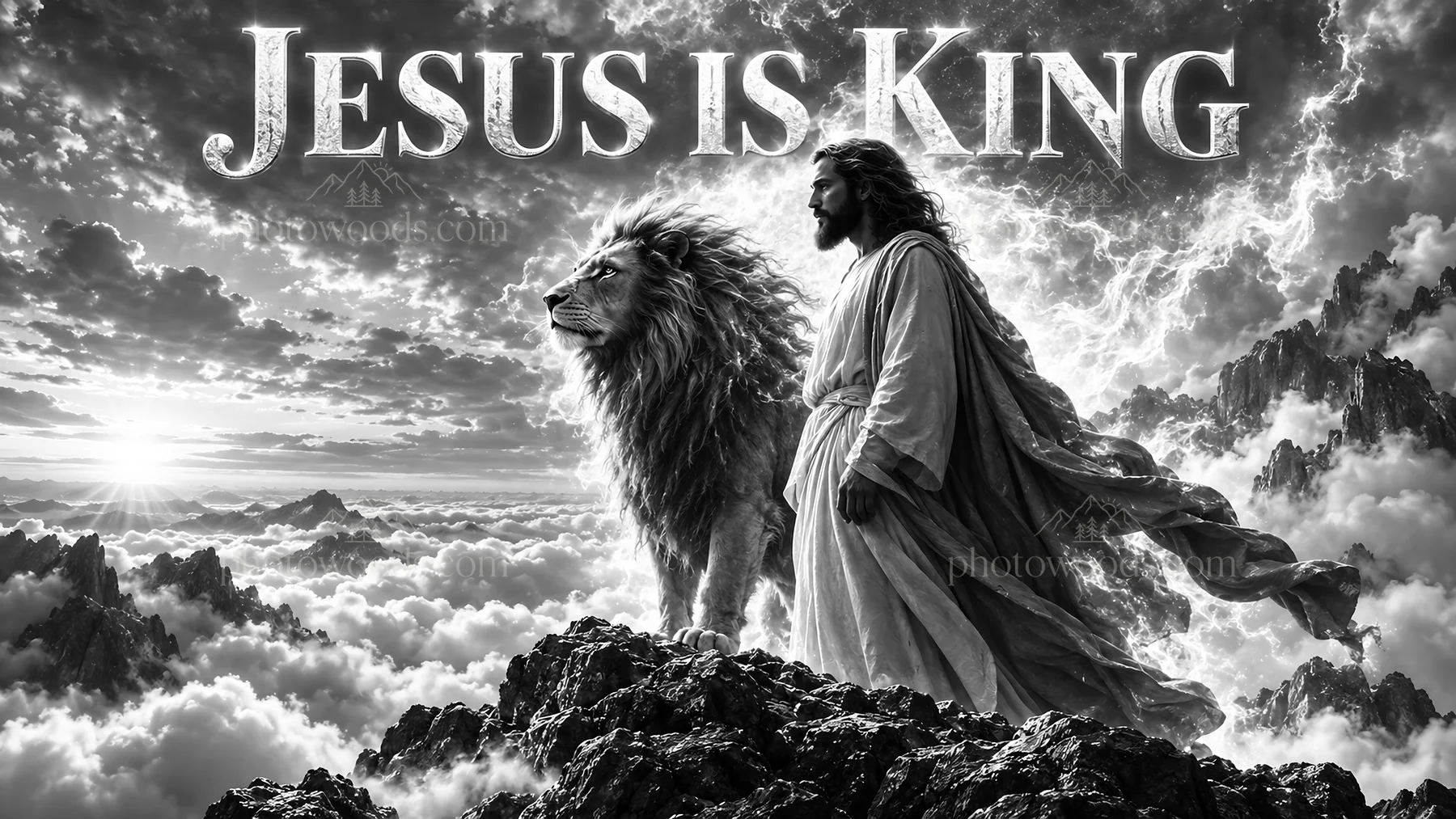 Jesus Christ stands with a lion in a powerful scene - AI-generated stock image