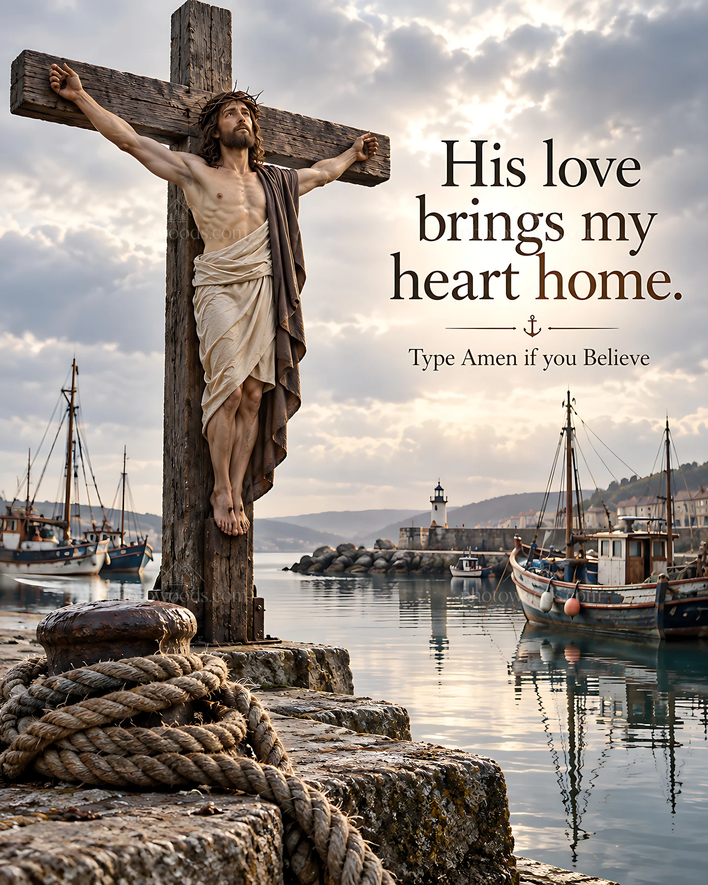 Compassion at the harbor with a crucifix - AI-generated stock image