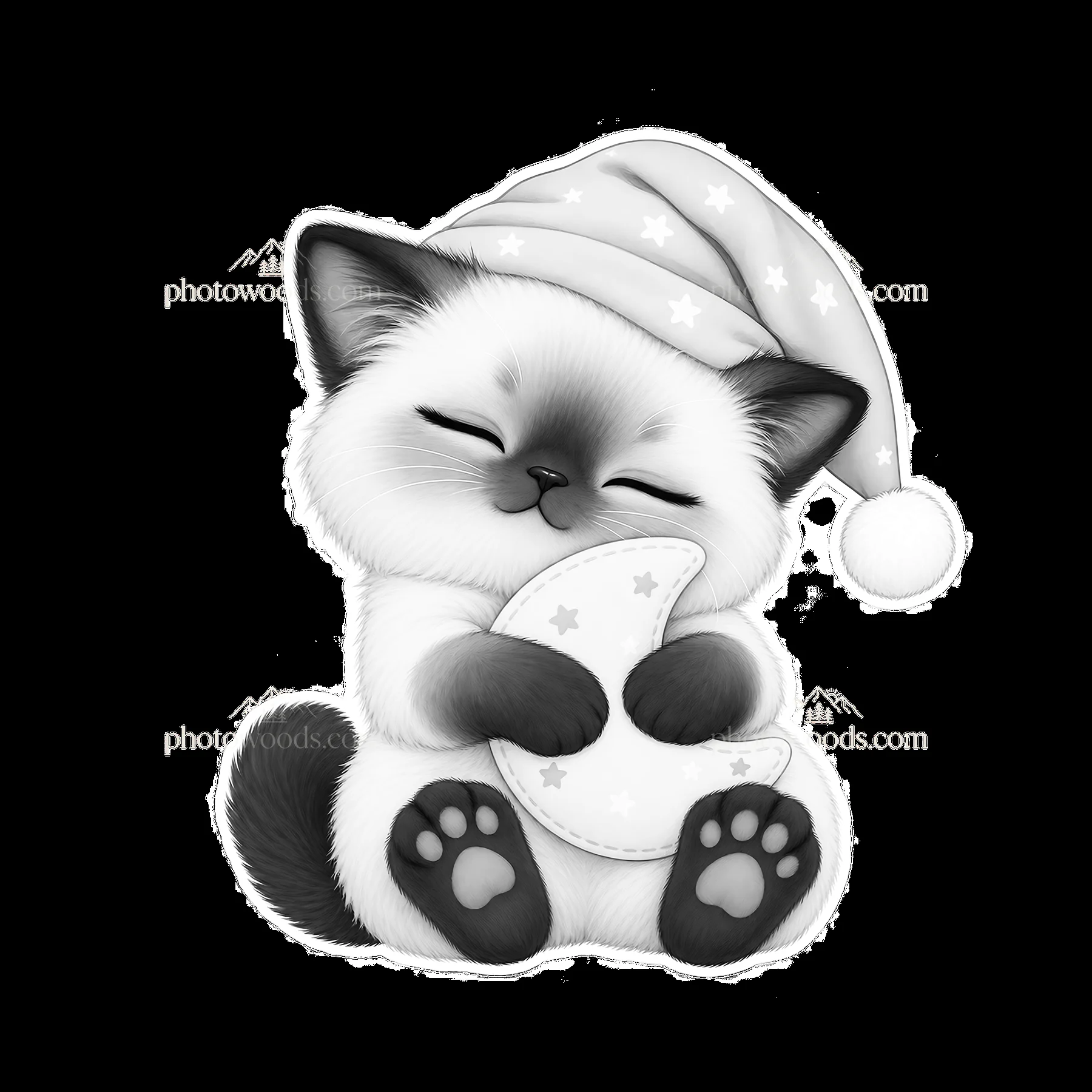 Kawaii cat sleeping with moon pillow in cozy bedtime scene - AI-generated stock image