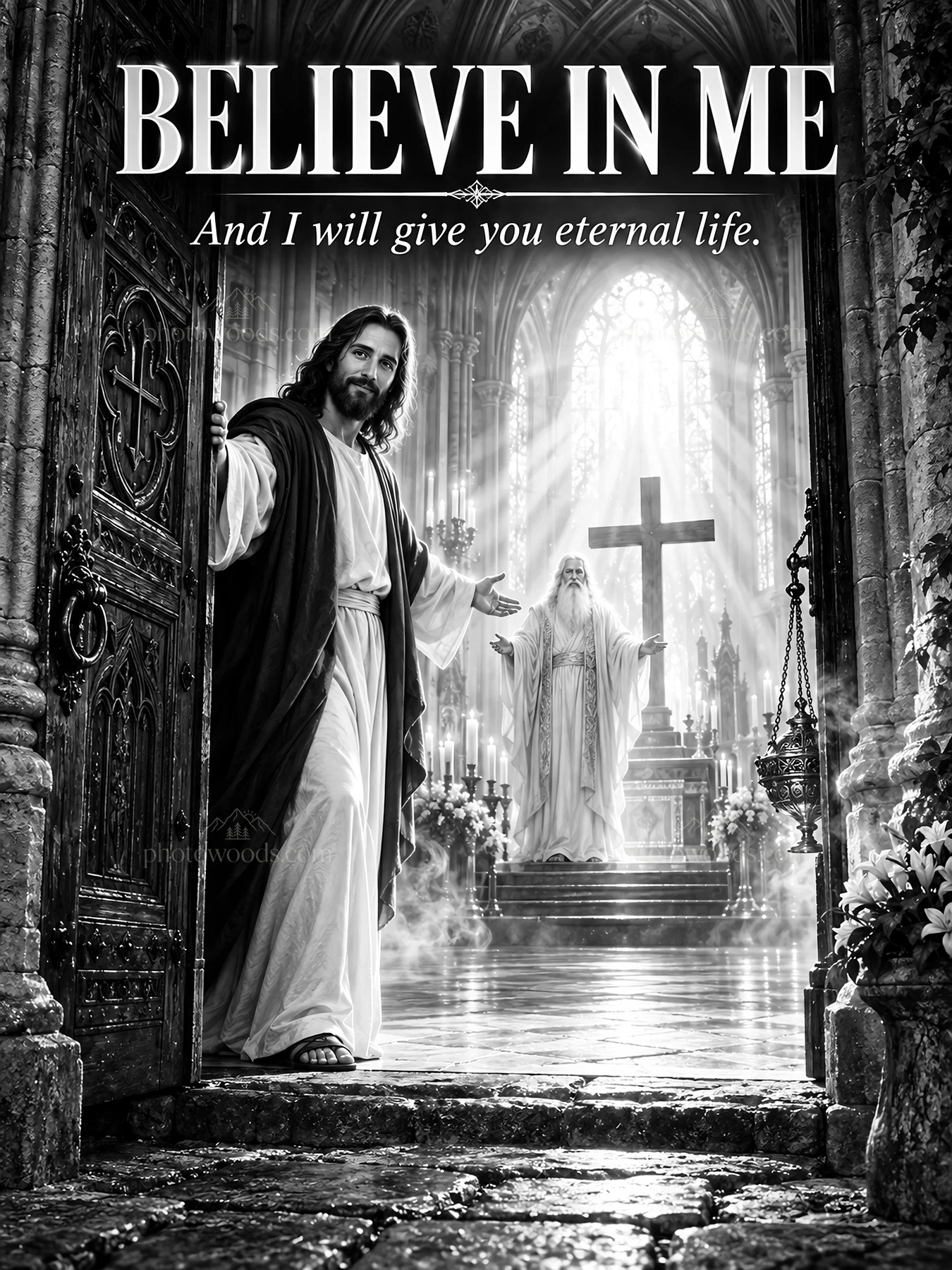 Jesus Christ offers eternal life in a sacred setting - AI-generated stock image