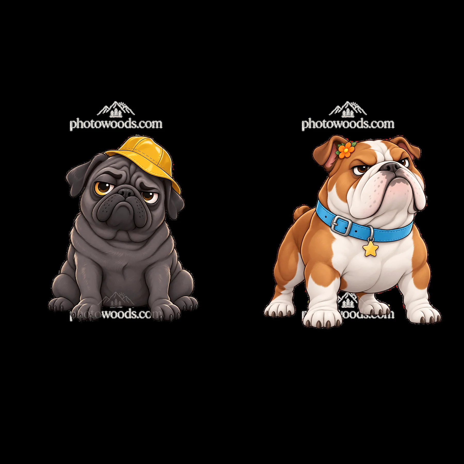 Kawaii grumpy dog duo with a hat and collar - AI-generated stock image